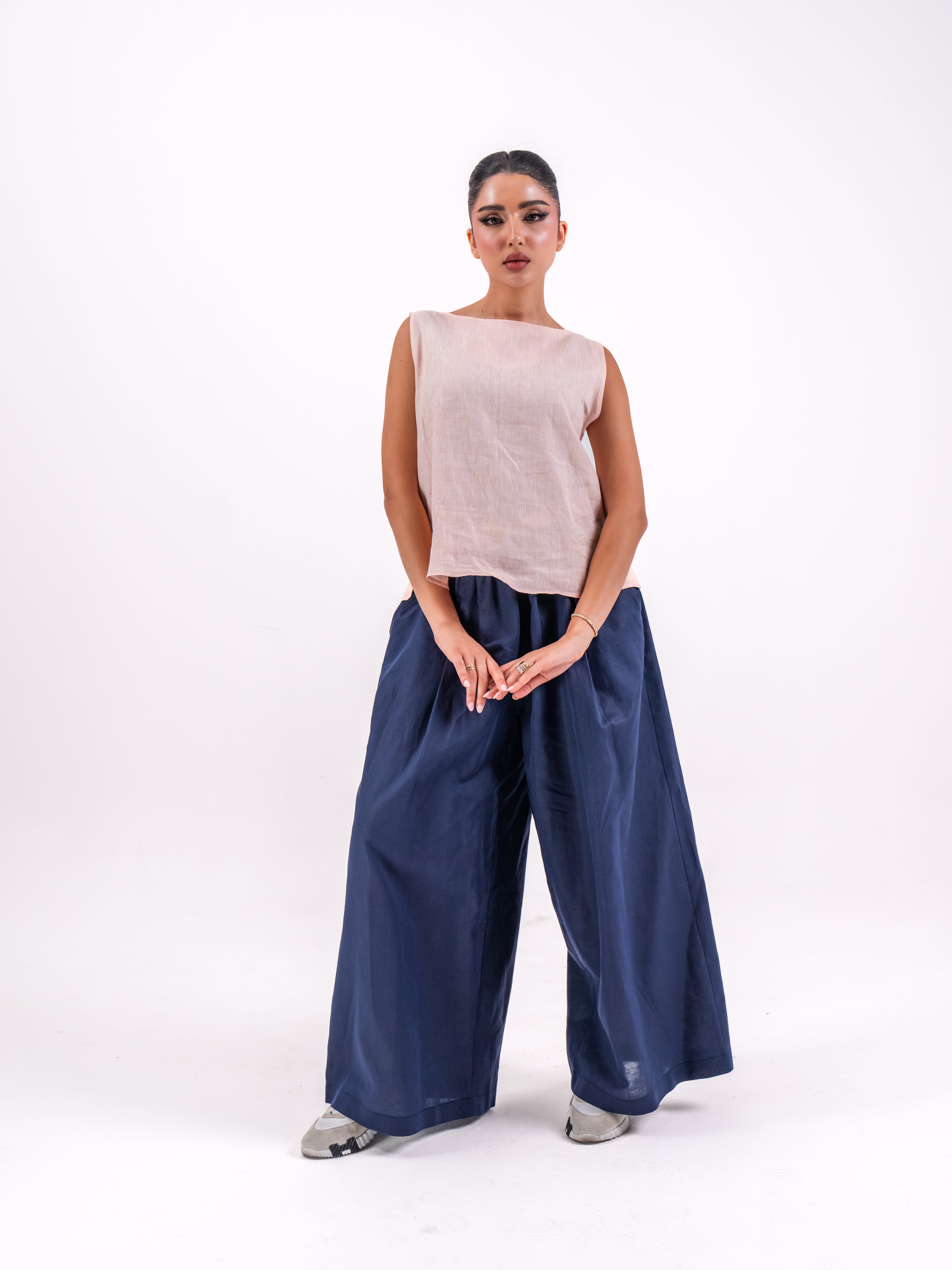 Light pink  linen blouse and  navy pants set
