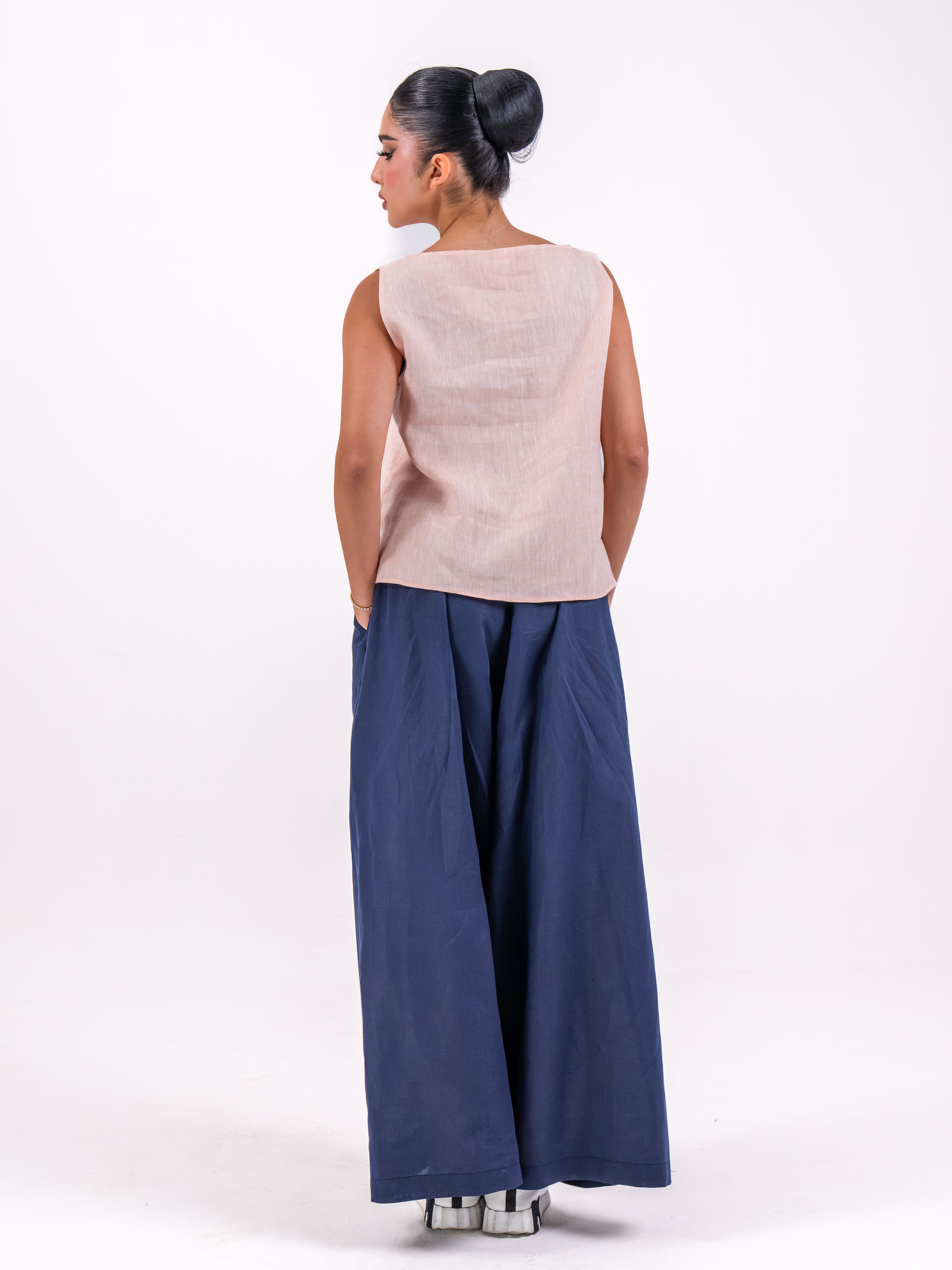 Light pink  linen blouse and  navy pants set