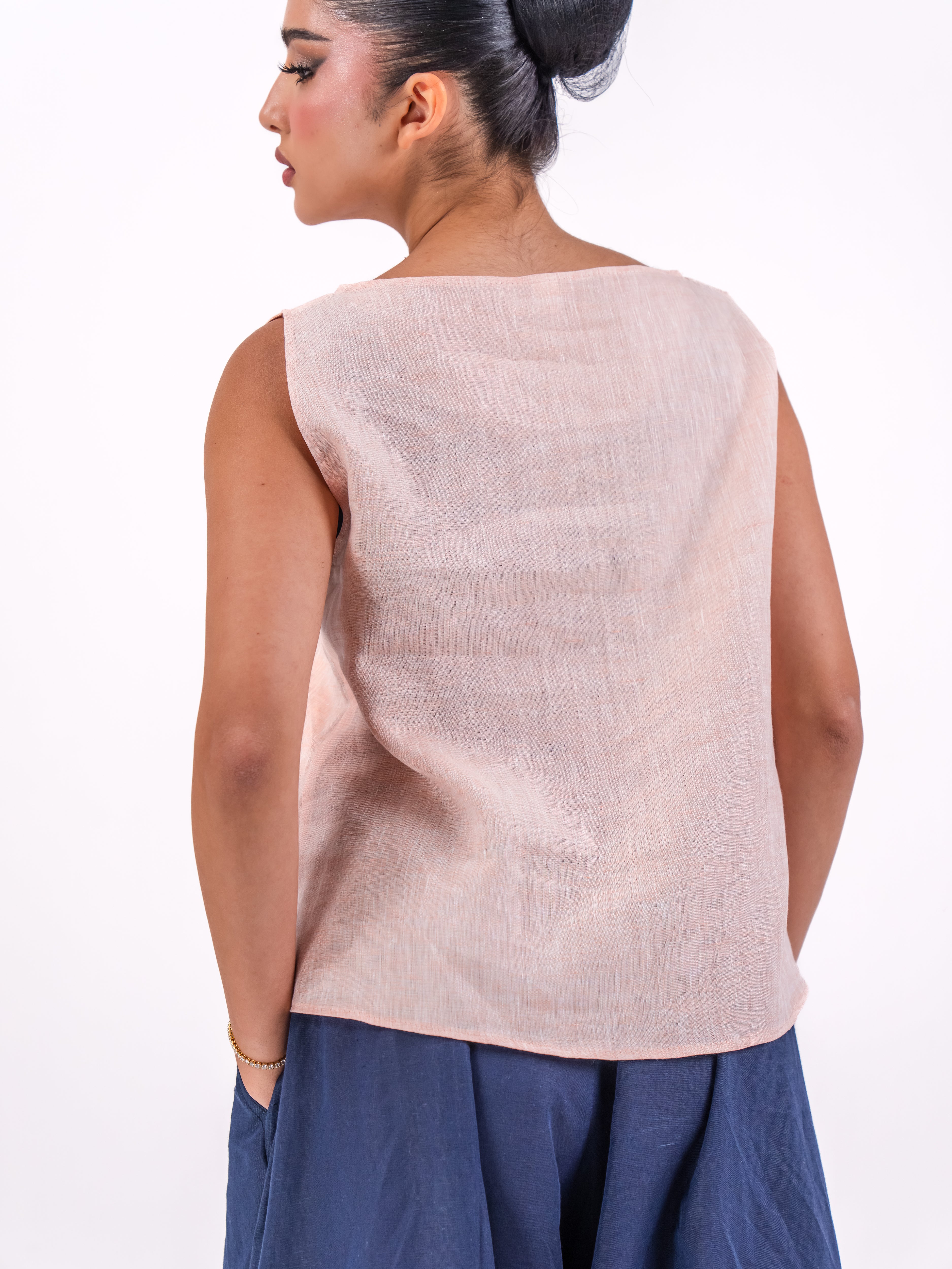 Light pink  linen blouse and  navy pants set