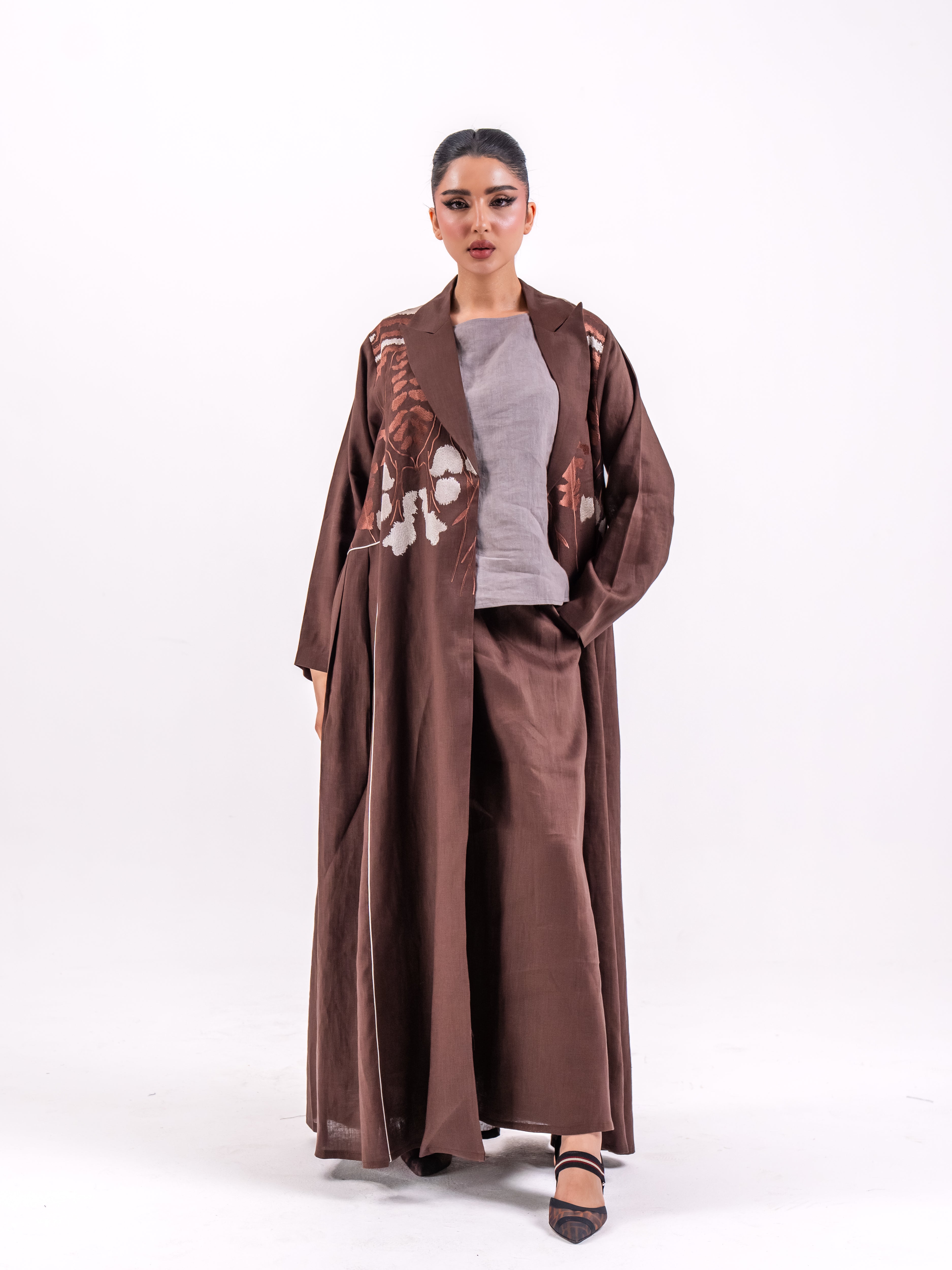 Brown Linen Abaya with Embroidery