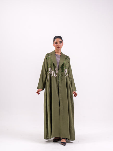 Olive green Linen Abaya with Embroidery
