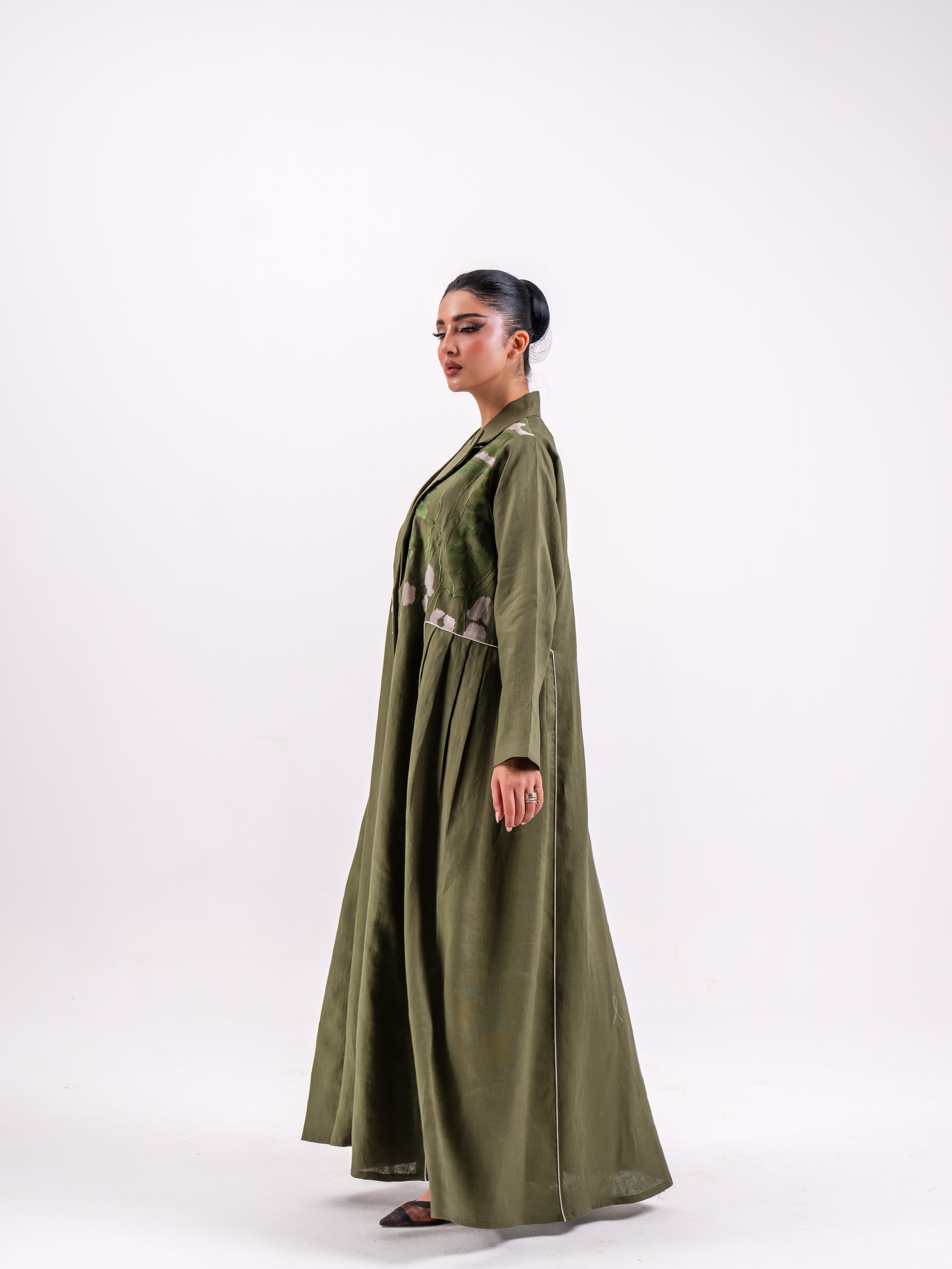 Olive green Linen Abaya with Embroidery