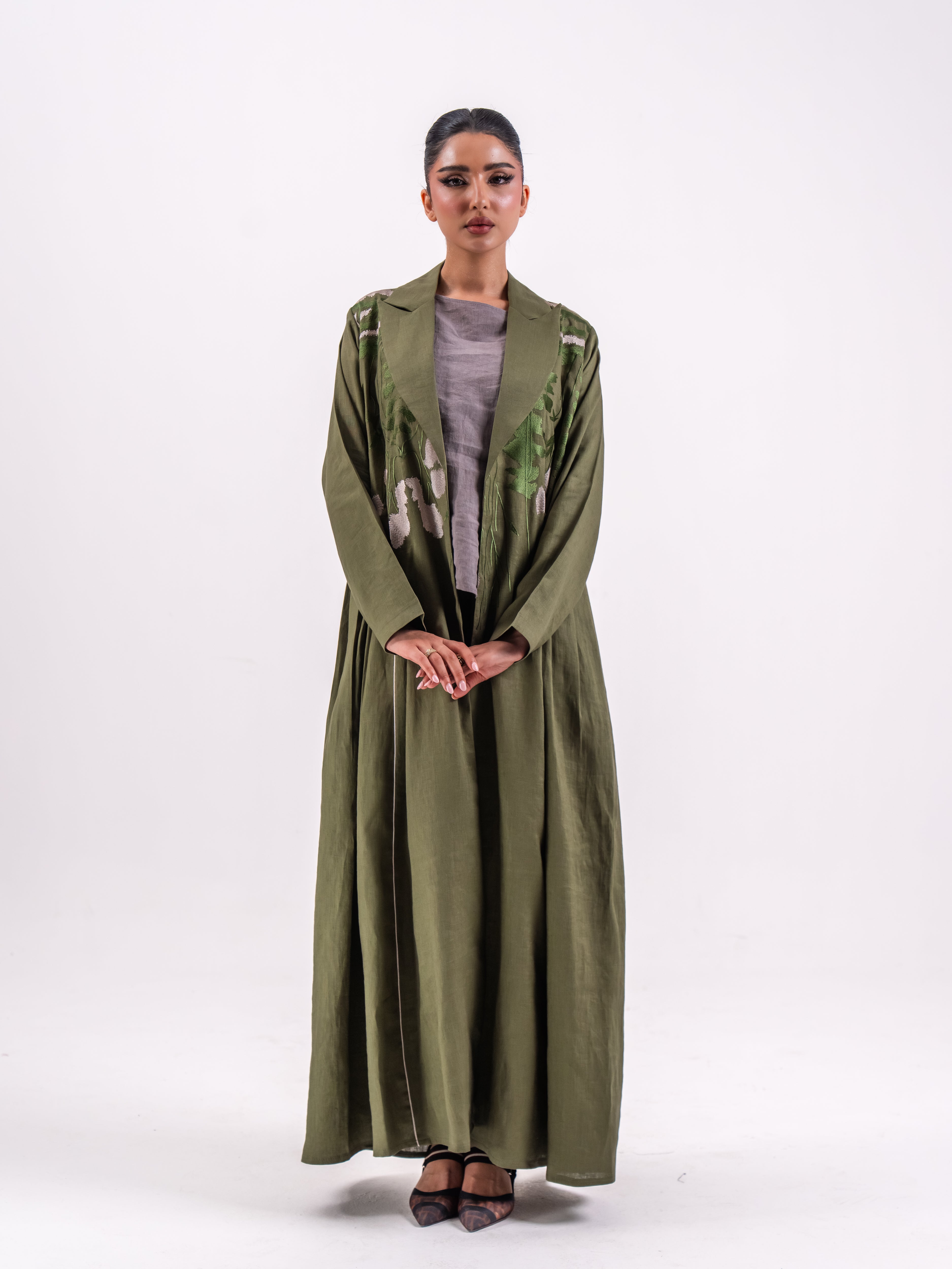 Olive green Linen Abaya with Embroidery