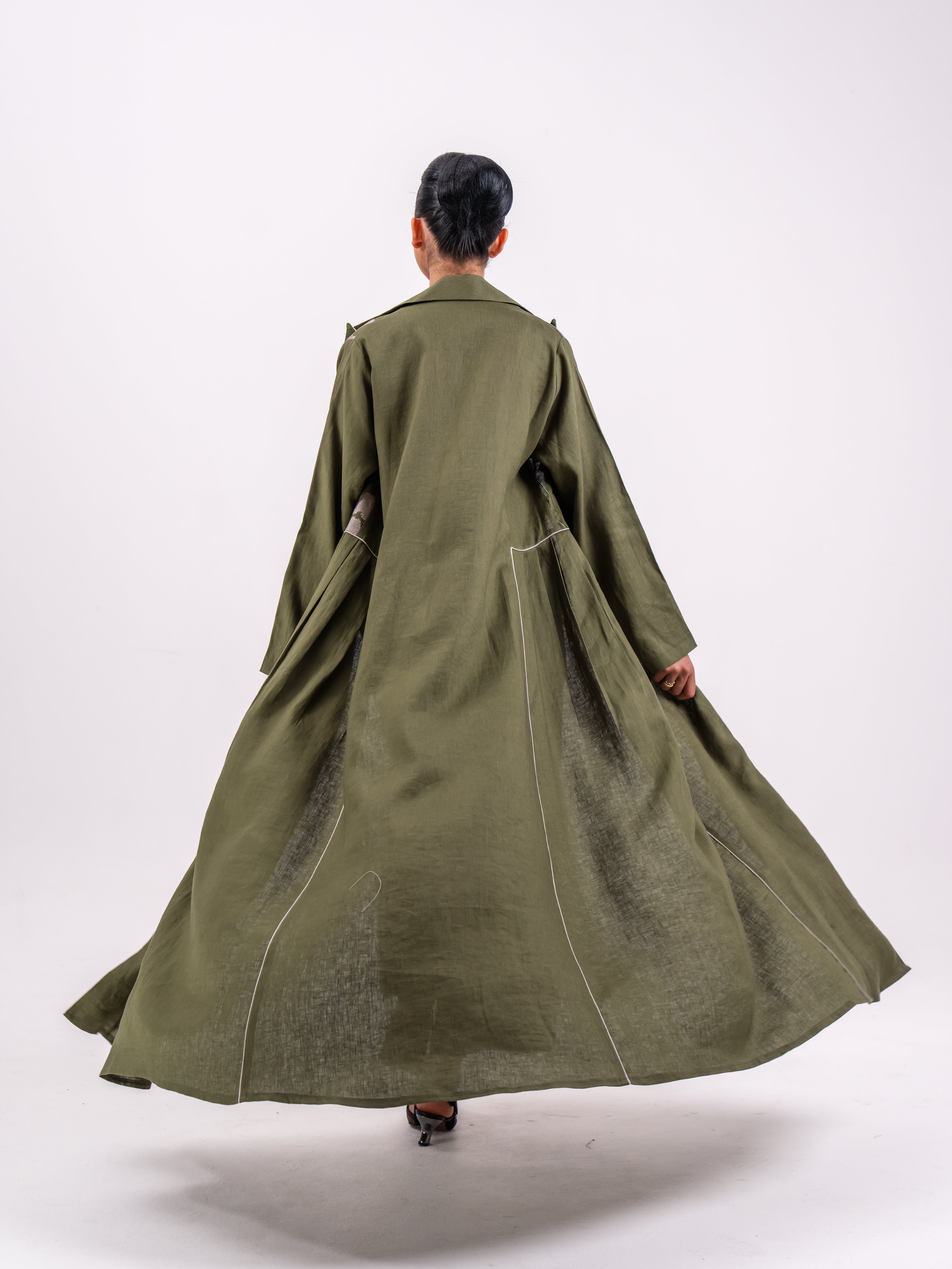 Olive green Linen Abaya with Embroidery