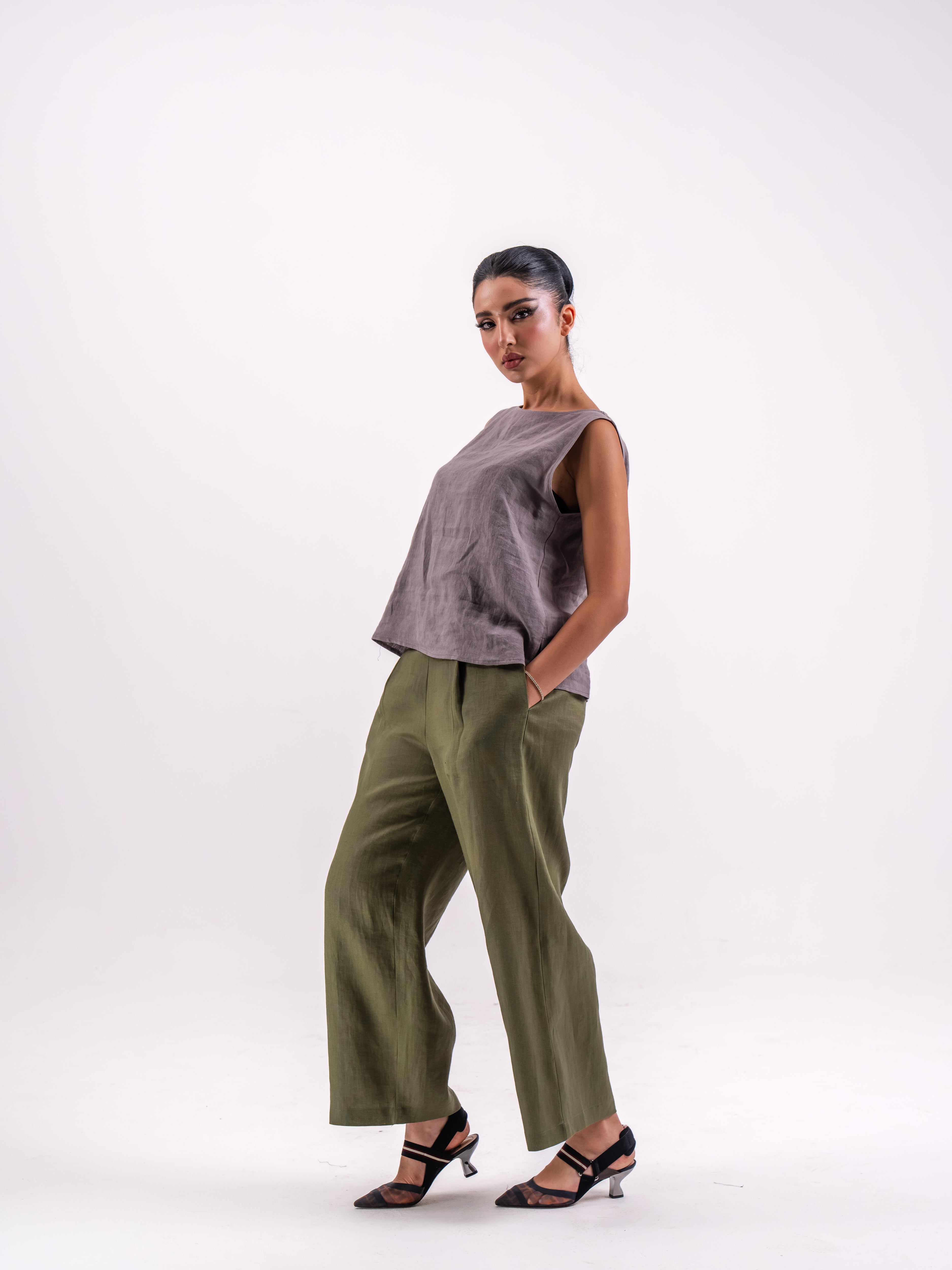 Grey Linen Blouse & Olive Linen Pants Set
