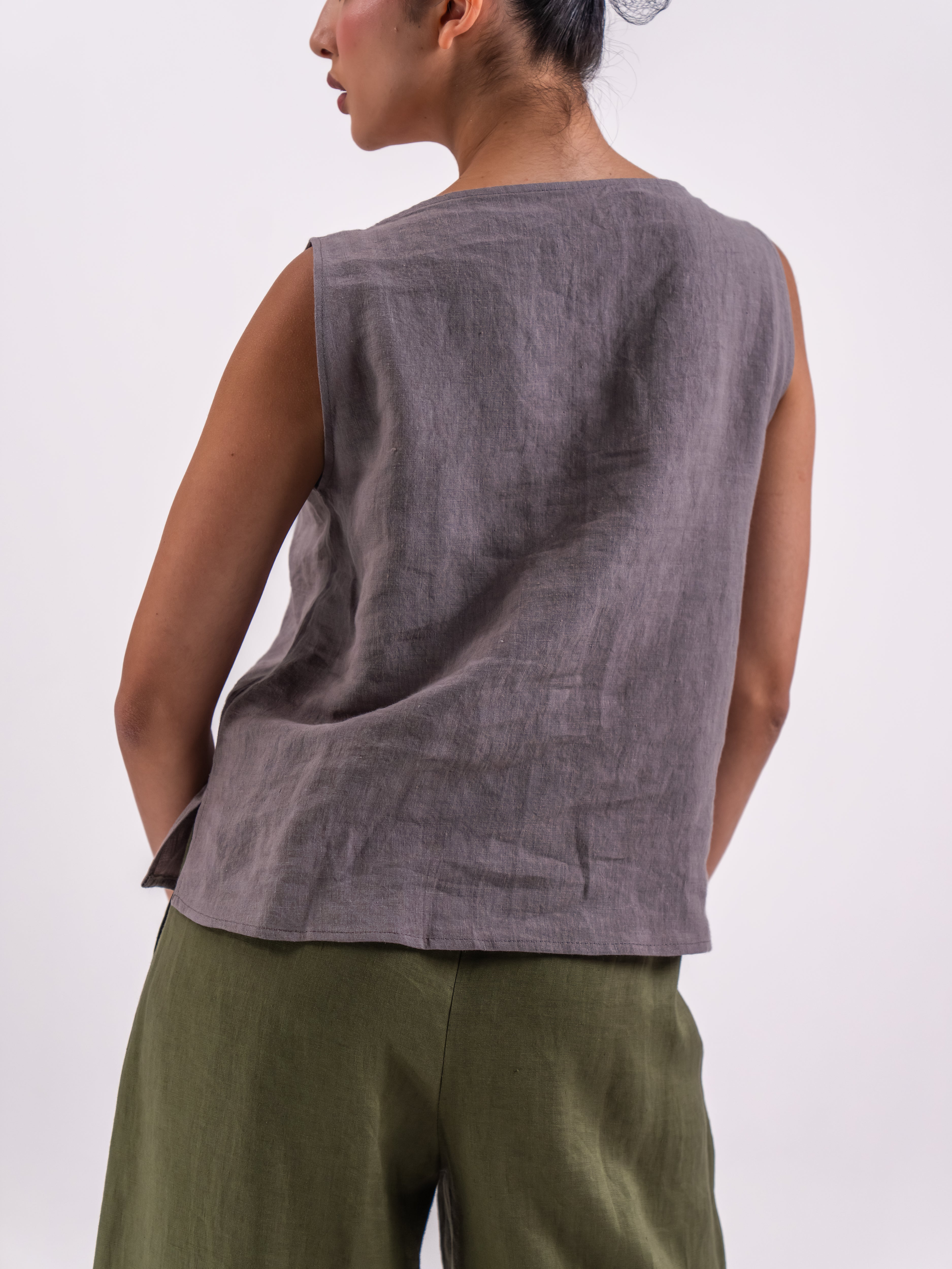 Grey Linen Blouse & Olive Linen Pants Set