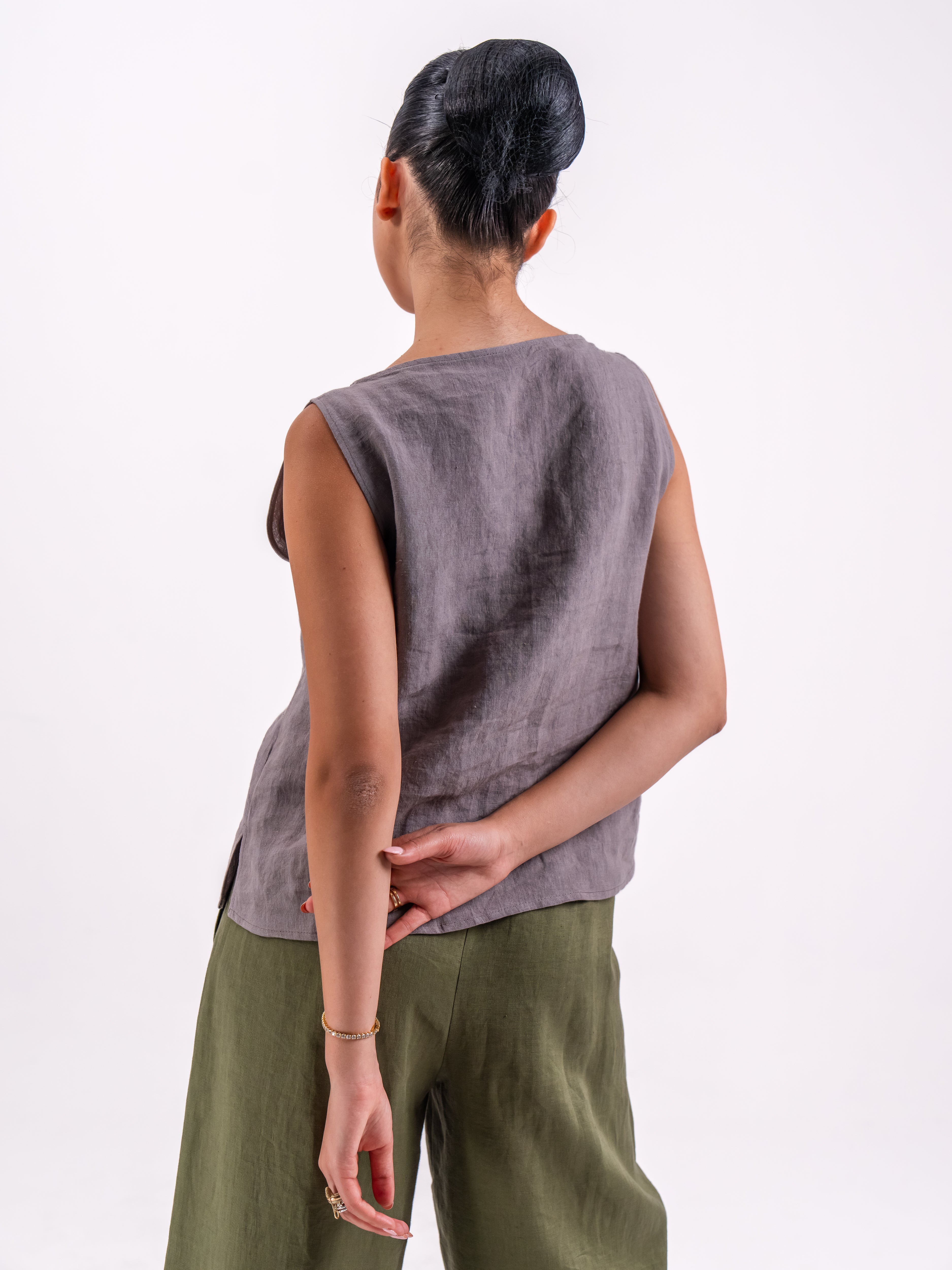 Grey Linen Blouse & Olive Linen Pants Set