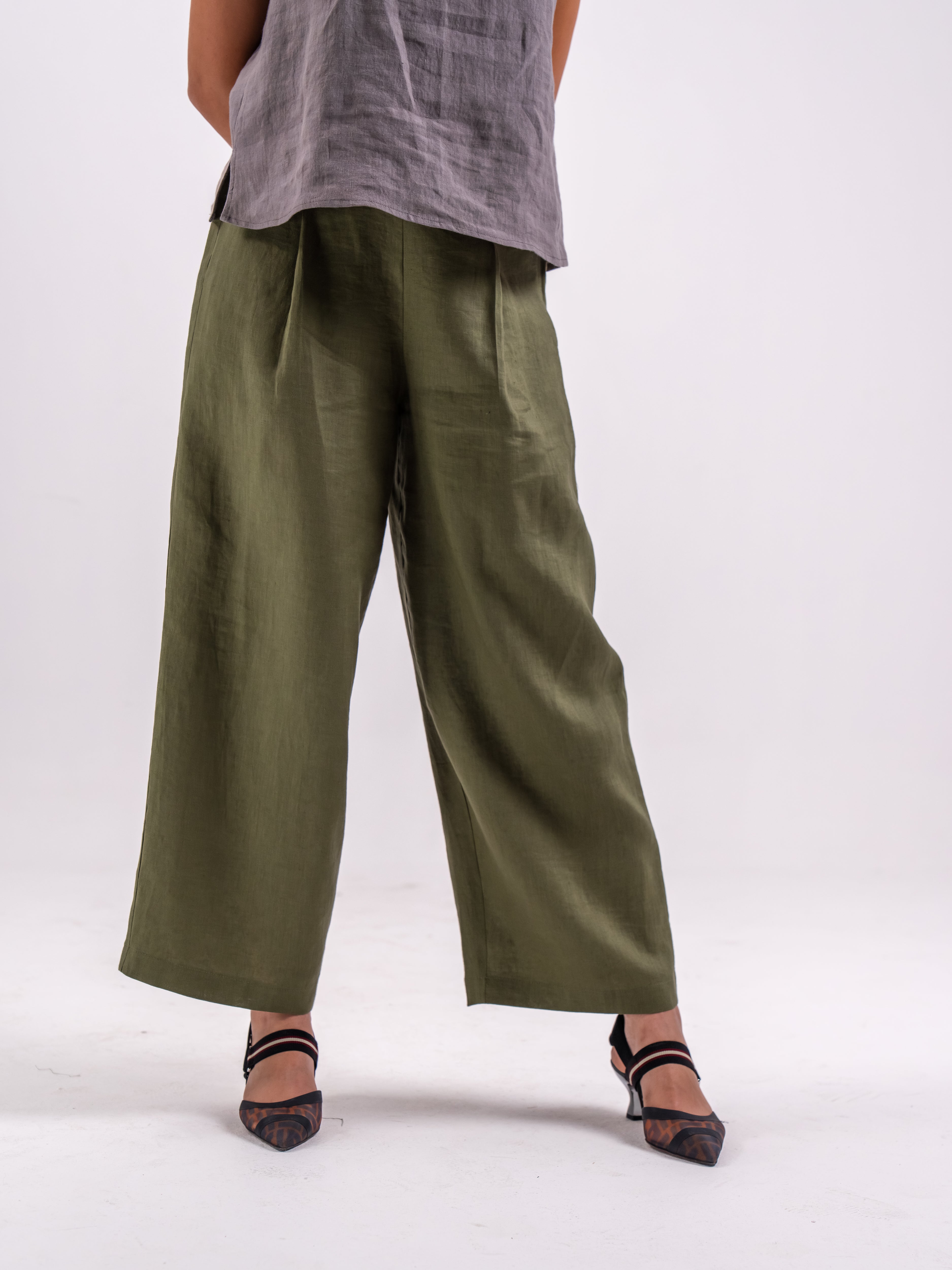 Grey Linen Blouse & Olive Linen Pants Set