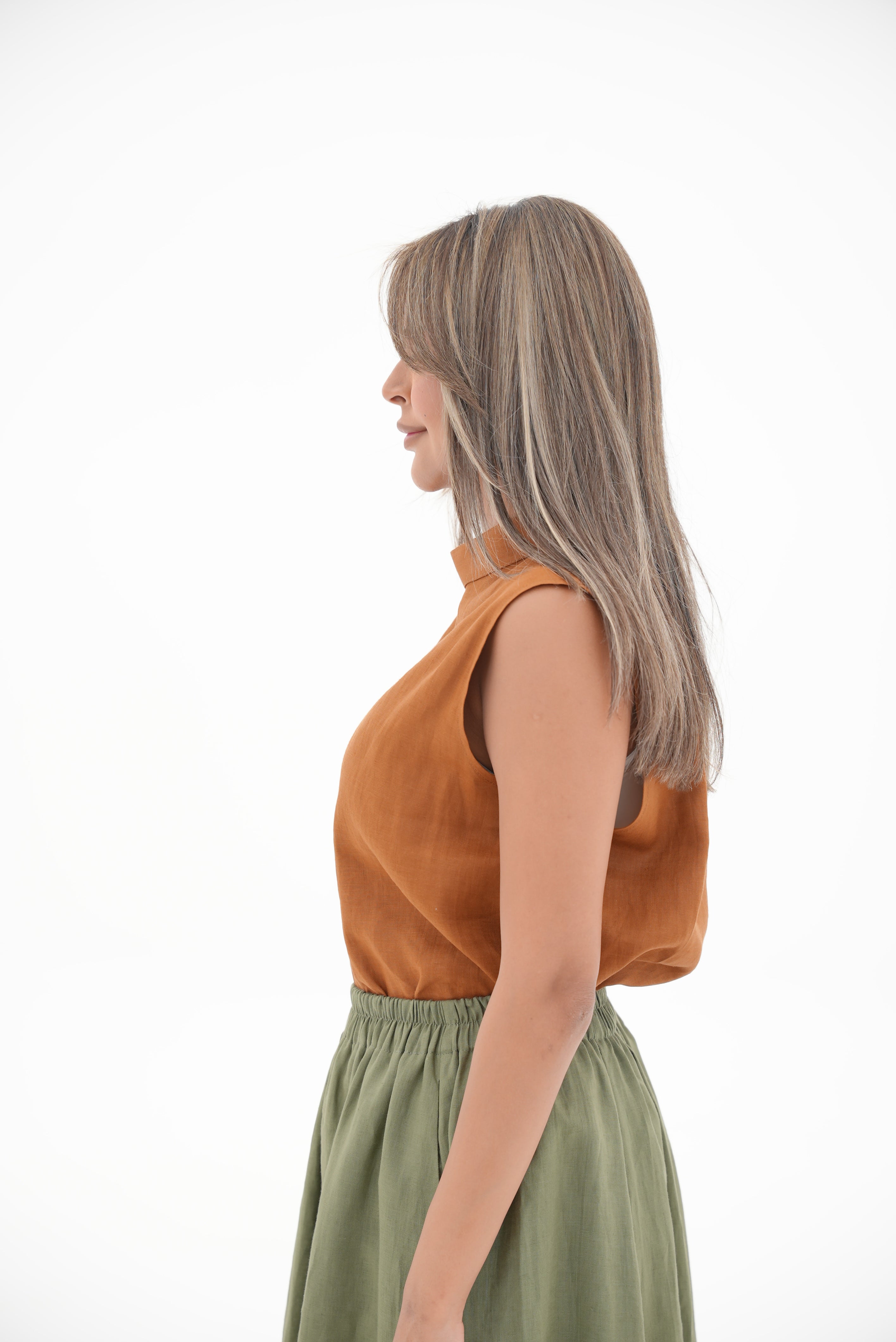 Orange Linen Blouse & Olive Linen Skirt Set-1967