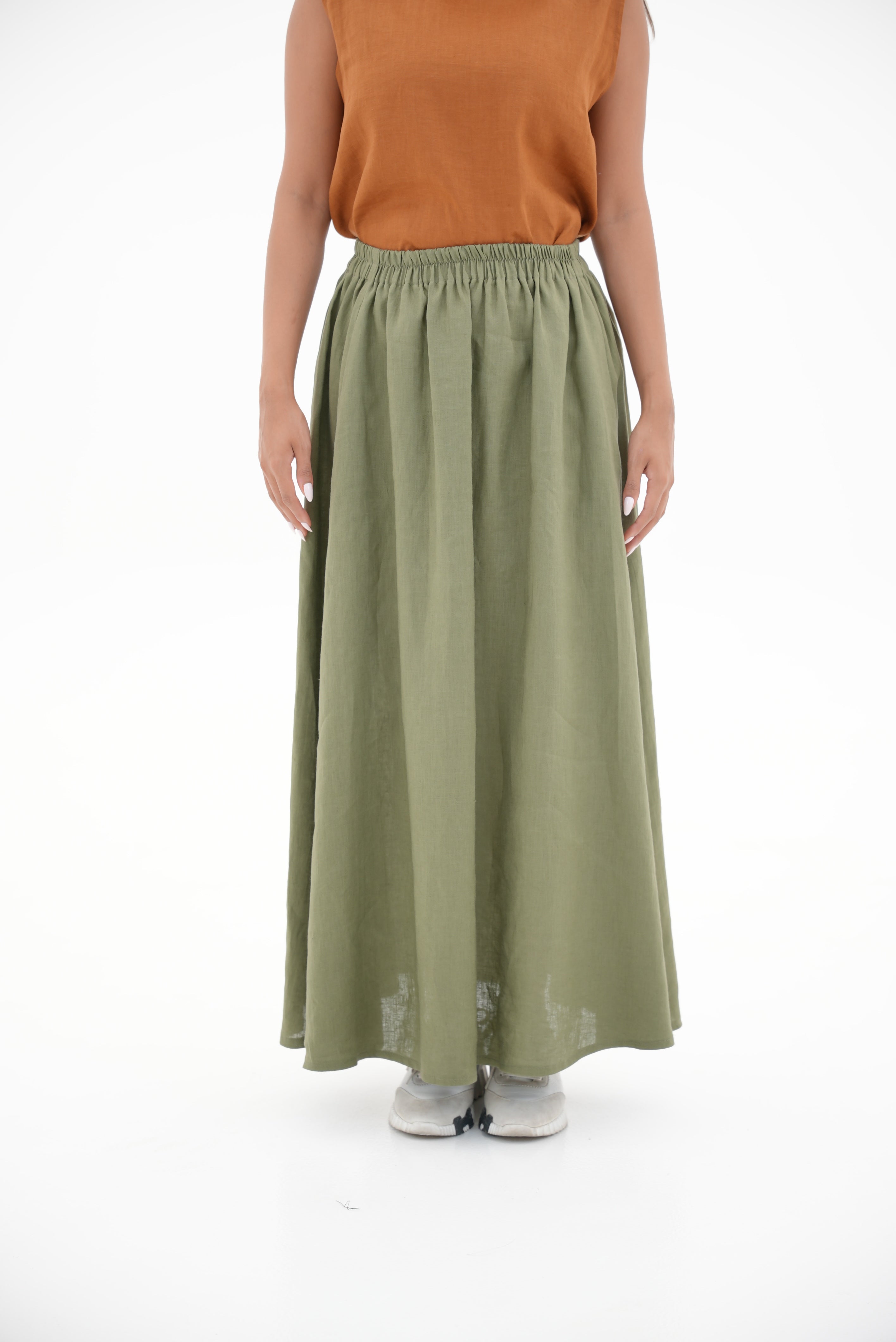 Orange Linen Blouse & Olive Linen Skirt Set-1967