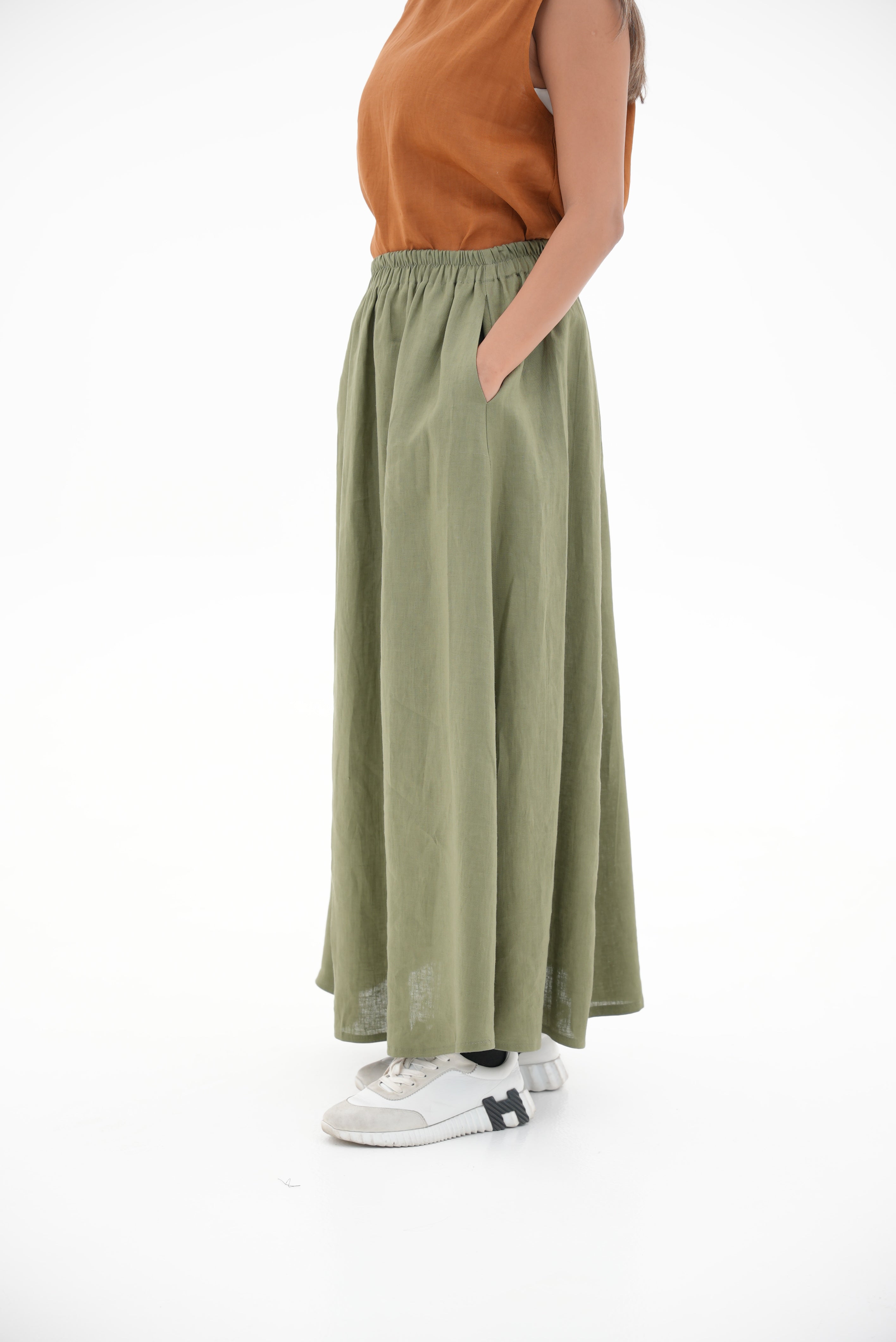 Orange Linen Blouse & Olive Linen Skirt Set-1967