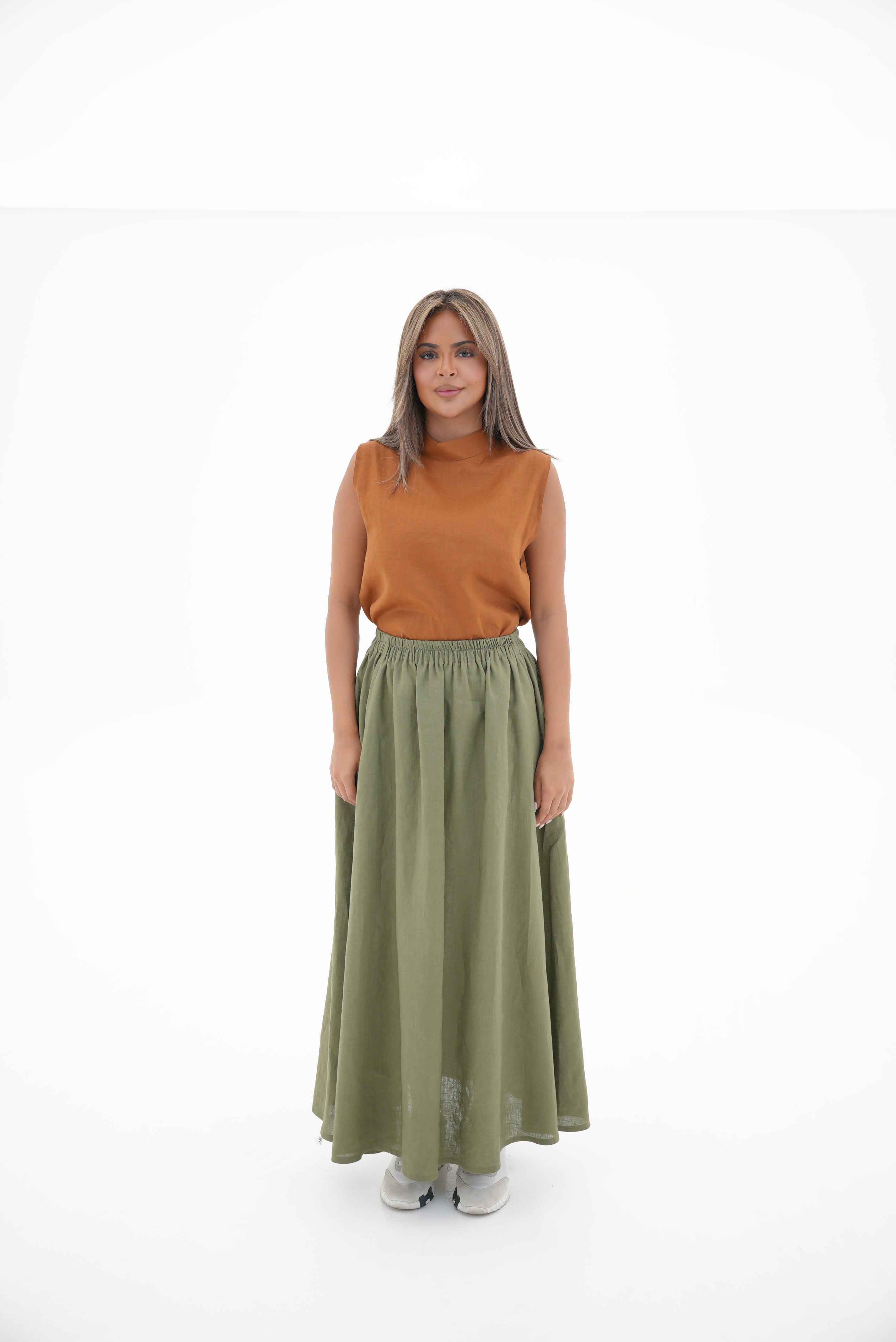 Orange Linen Blouse & Olive Linen Skirt Set-1967