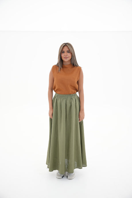 Orange Linen Blouse & Olive Linen Skirt Set-1967