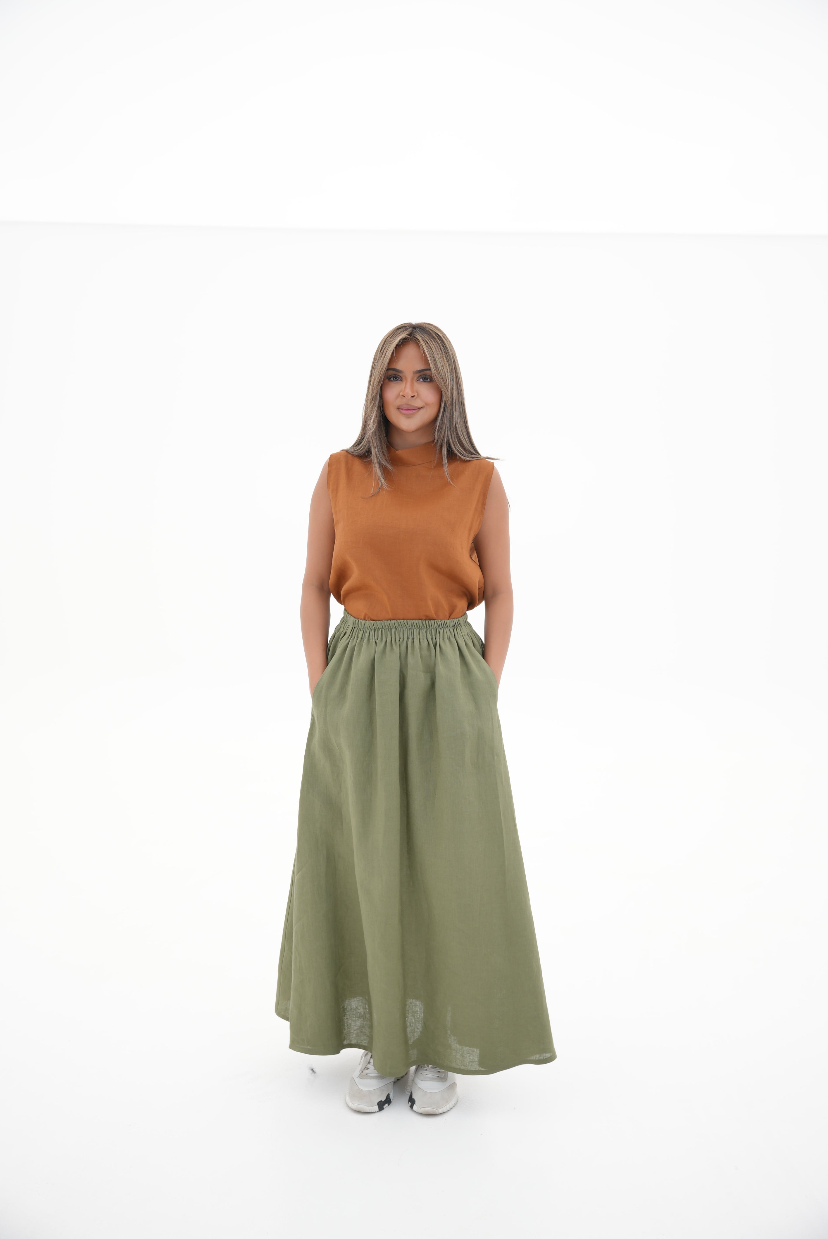 Orange Linen Blouse & Olive Linen Skirt Set-1967