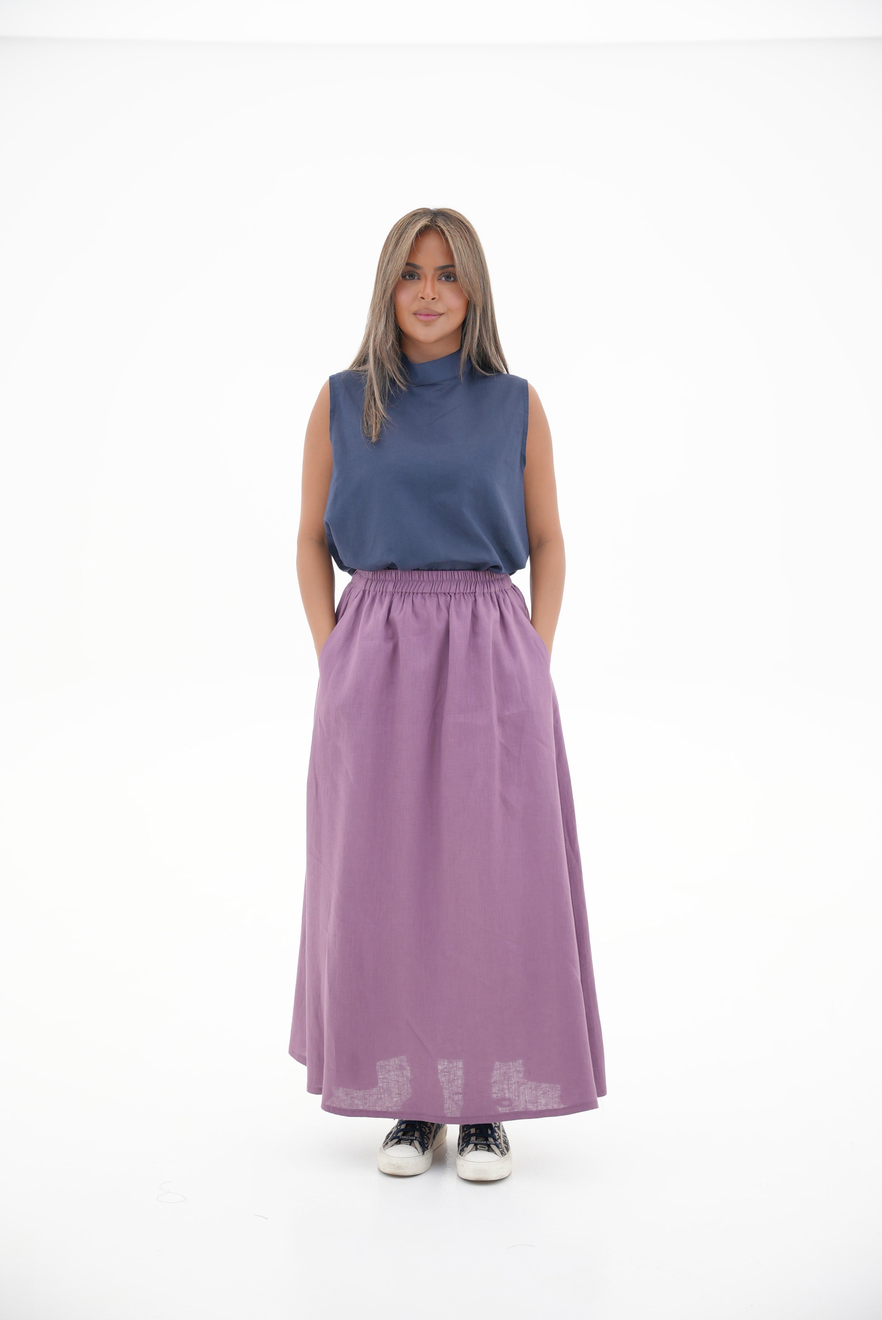 Navy Linen Blouse & purple Linen Skirt Set-1969