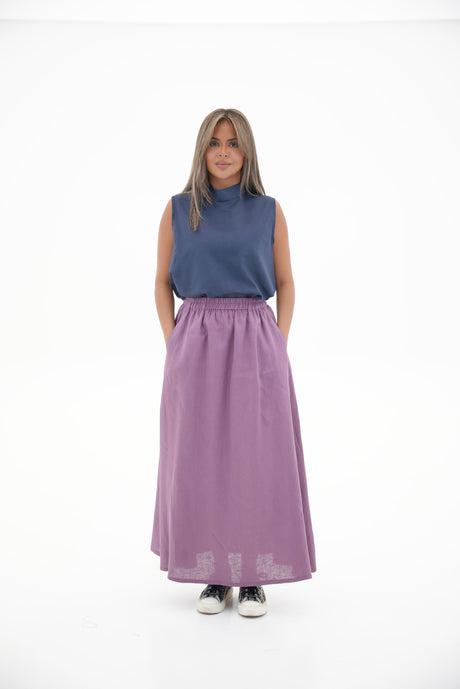 Navy Linen Blouse & purple Linen Skirt Set-1969