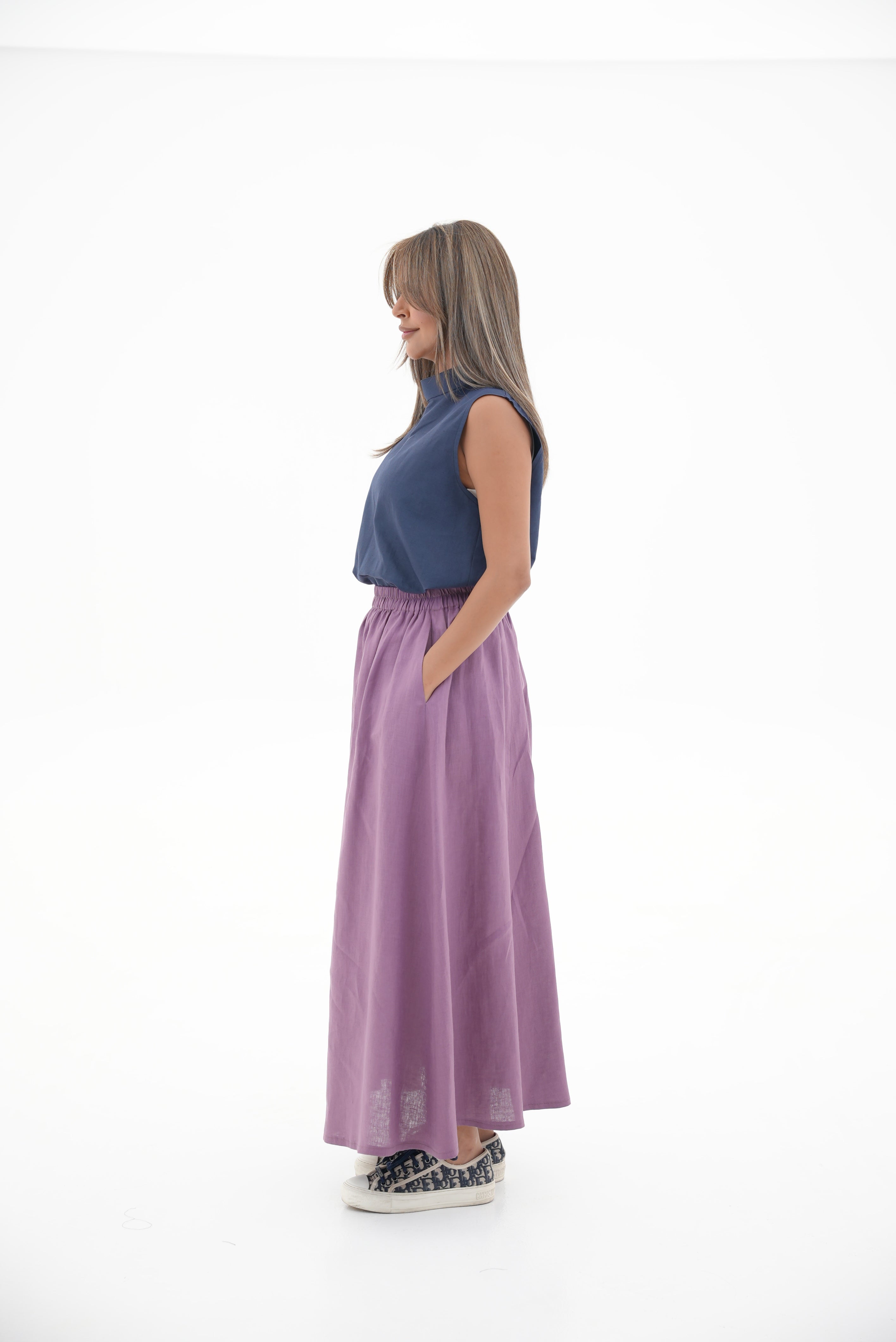 Navy Linen Blouse & purple Linen Skirt Set-1969