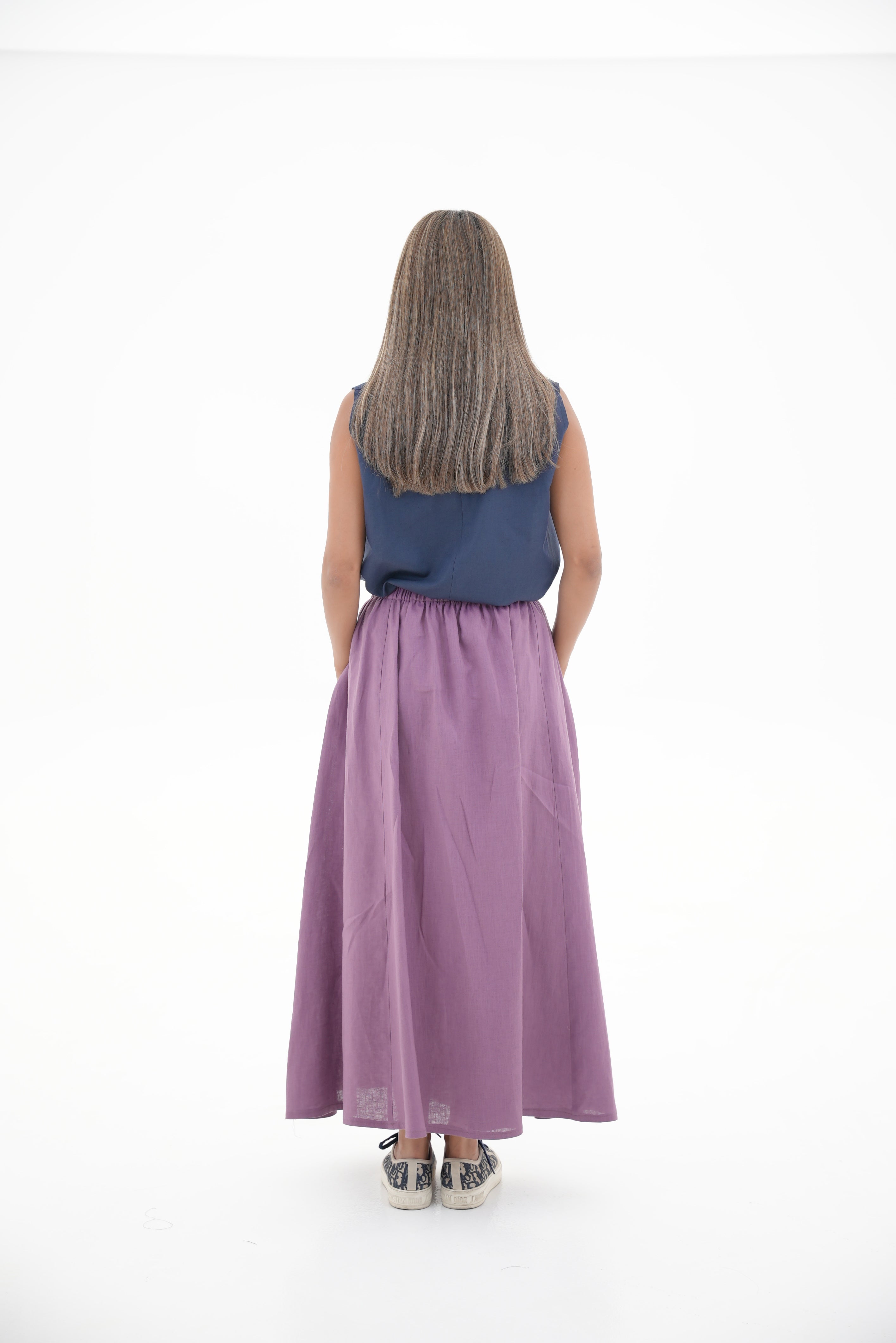 Navy Linen Blouse & purple Linen Skirt Set-1969
