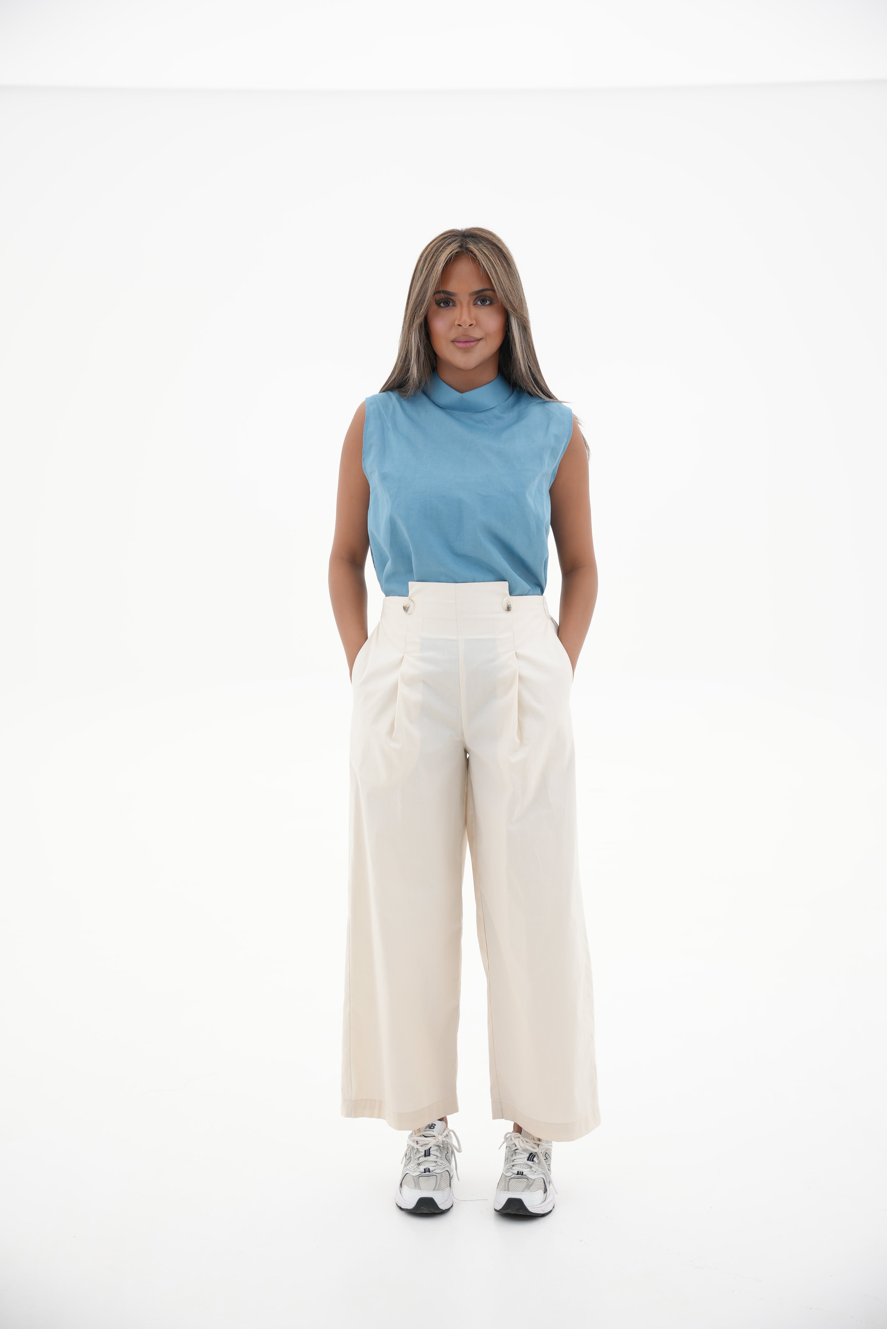 Off-White Trench Coat pants & Blue Linen blouse Two-Piece Set