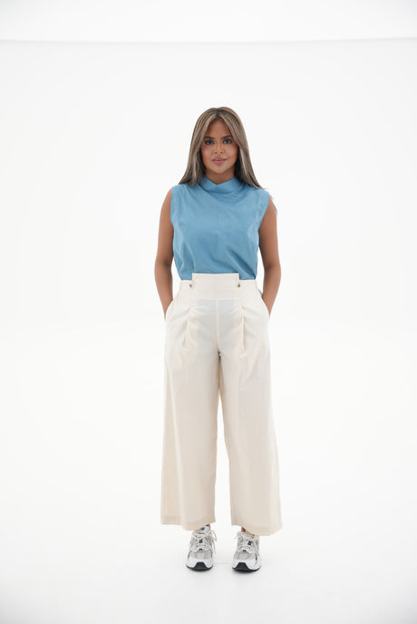 Off-White Trench Coat pants & Blue Linen blouse Two-Piece Set