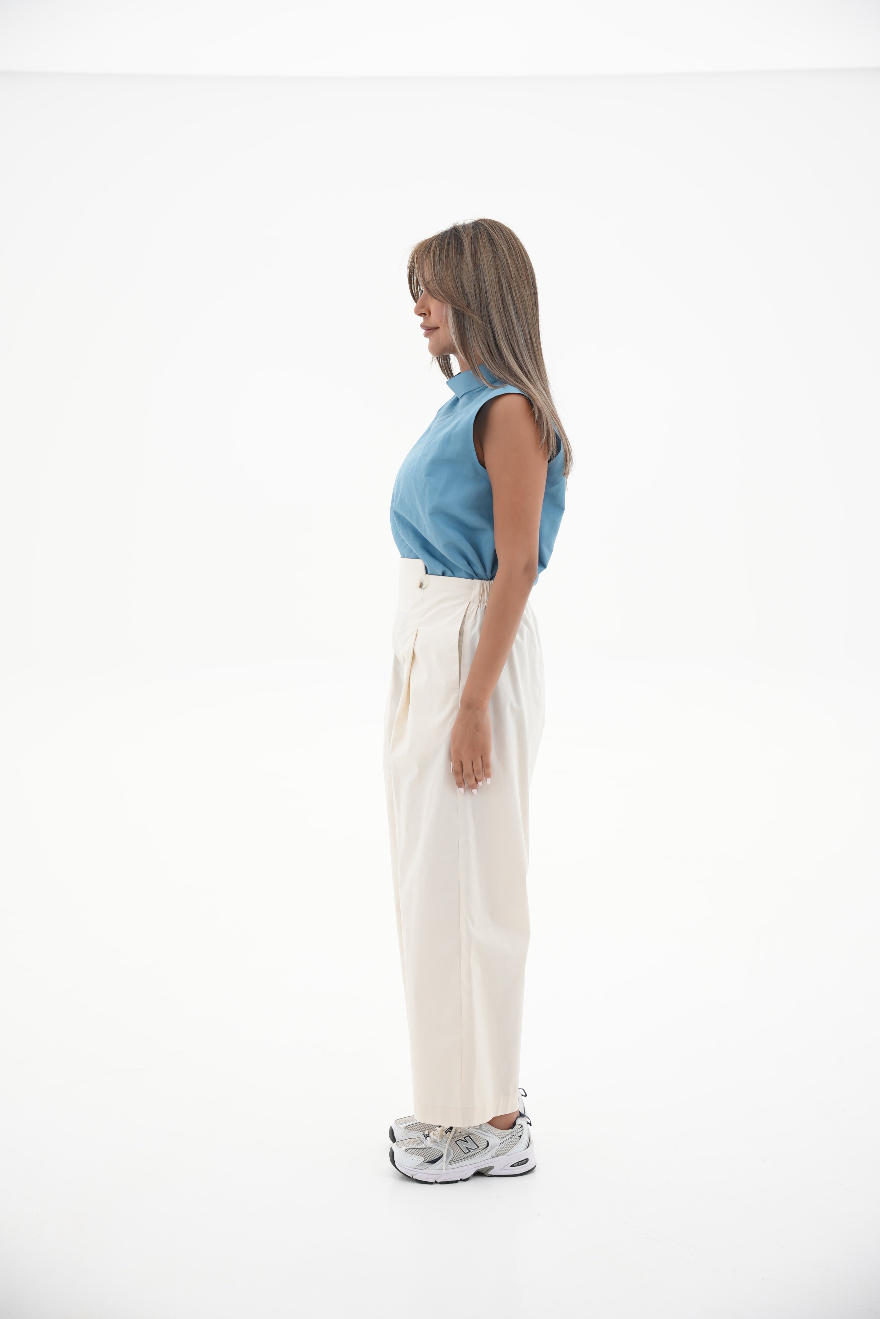 Off-White Trench Coat pants & Blue Linen blouse Two-Piece Set