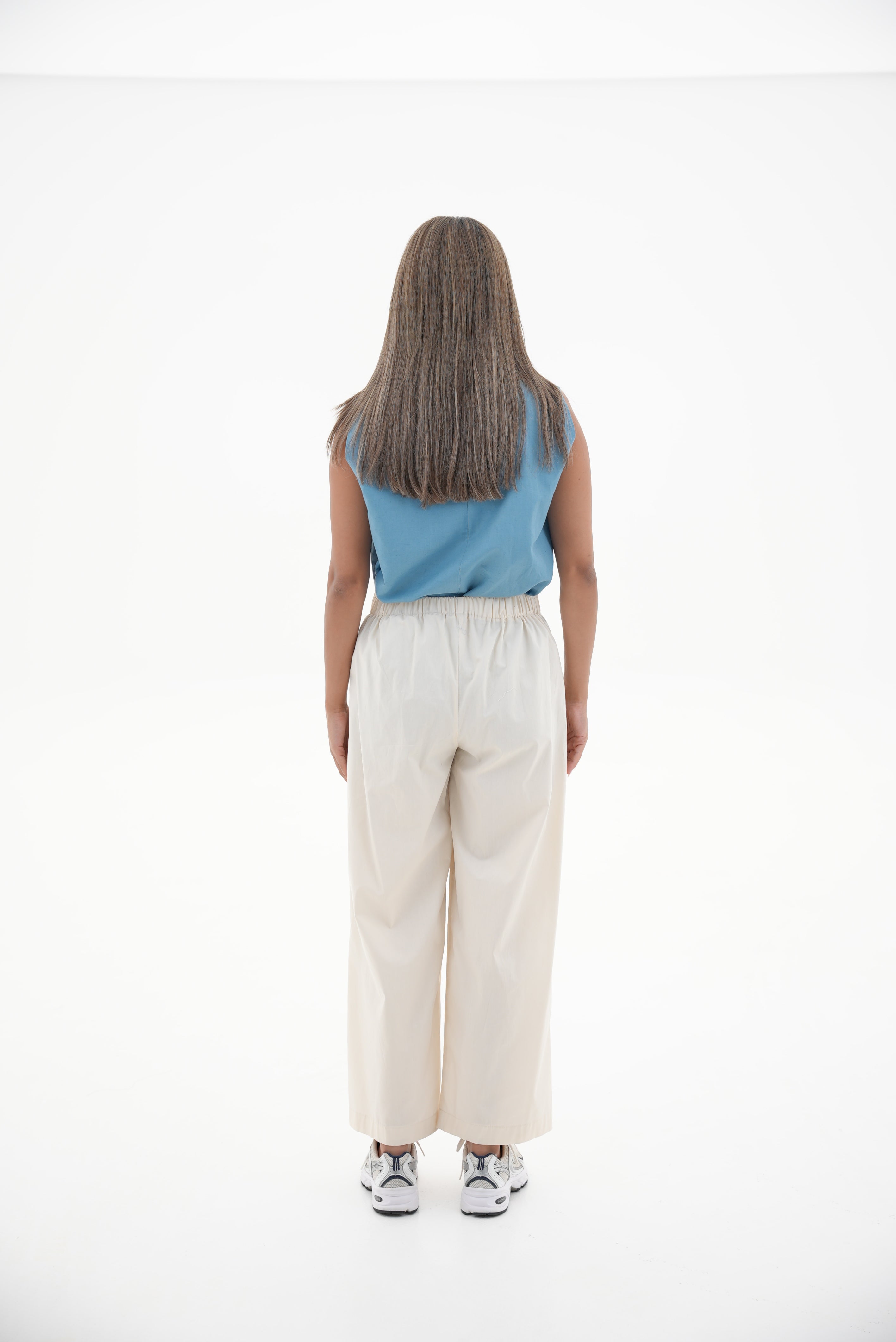 Off-White Trench Coat pants & Blue Linen blouse Two-Piece Set