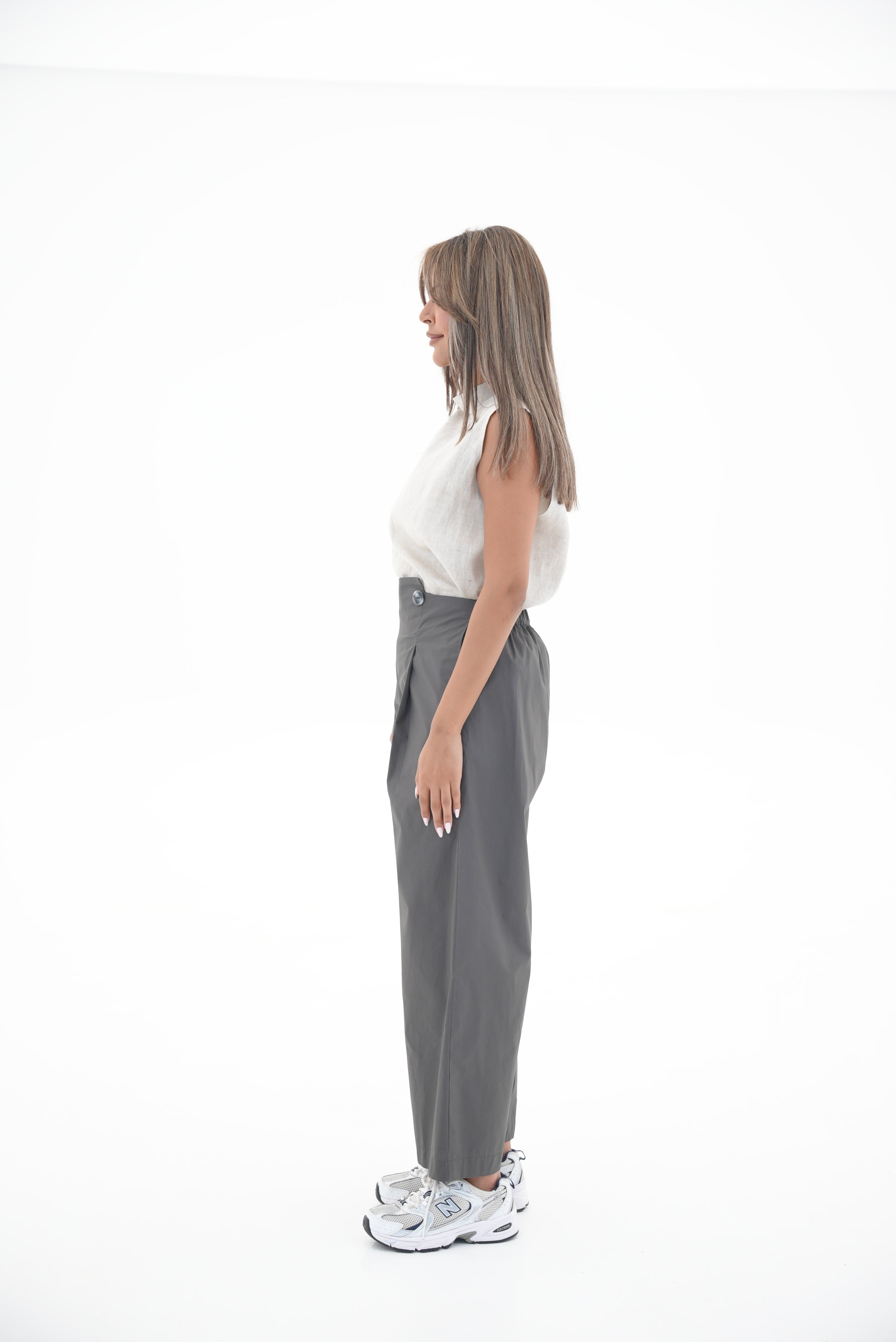 Grey Trench Coat pants & Linen blouse Set-1961