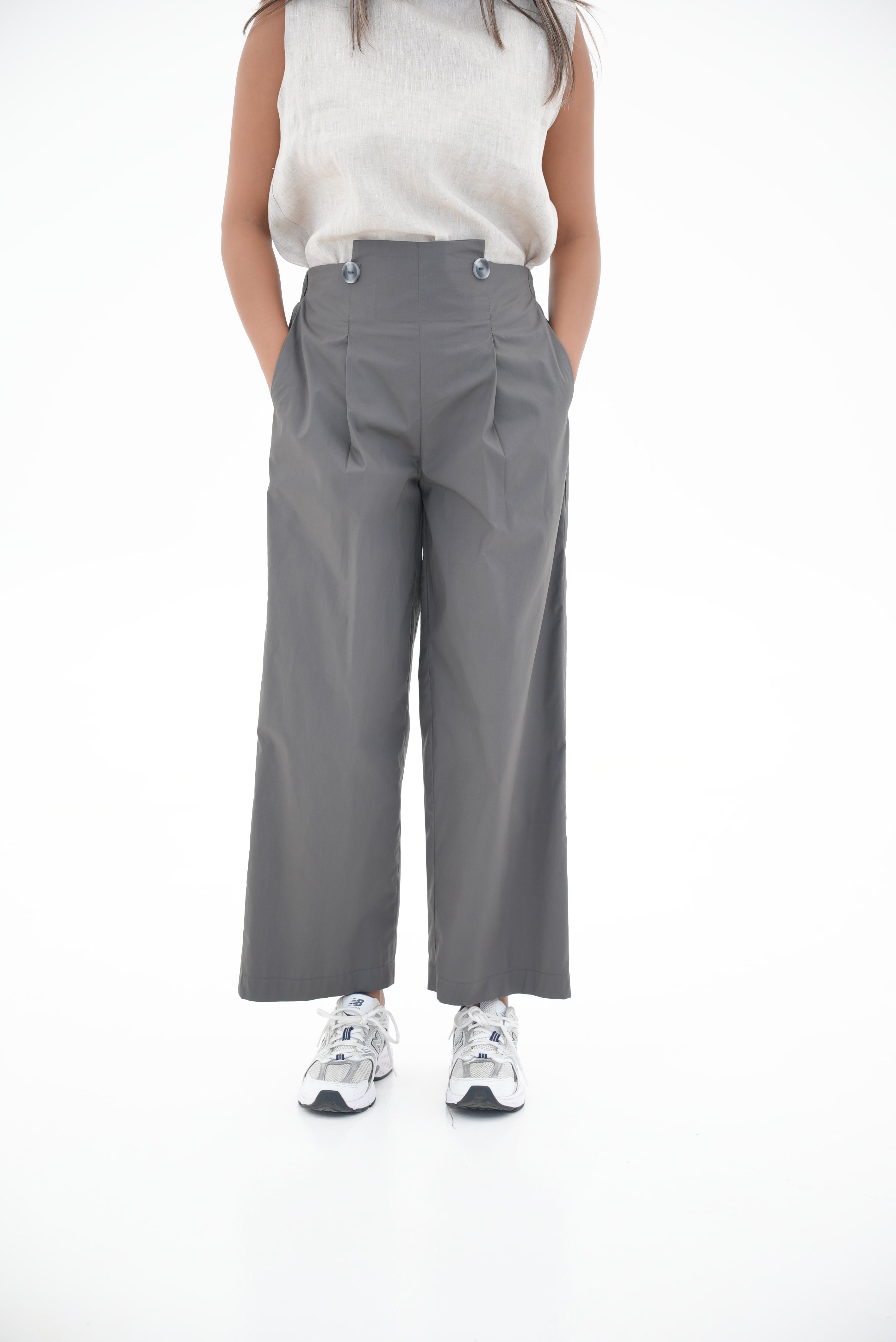 Grey Trench Coat pants & Linen blouse Set-1961