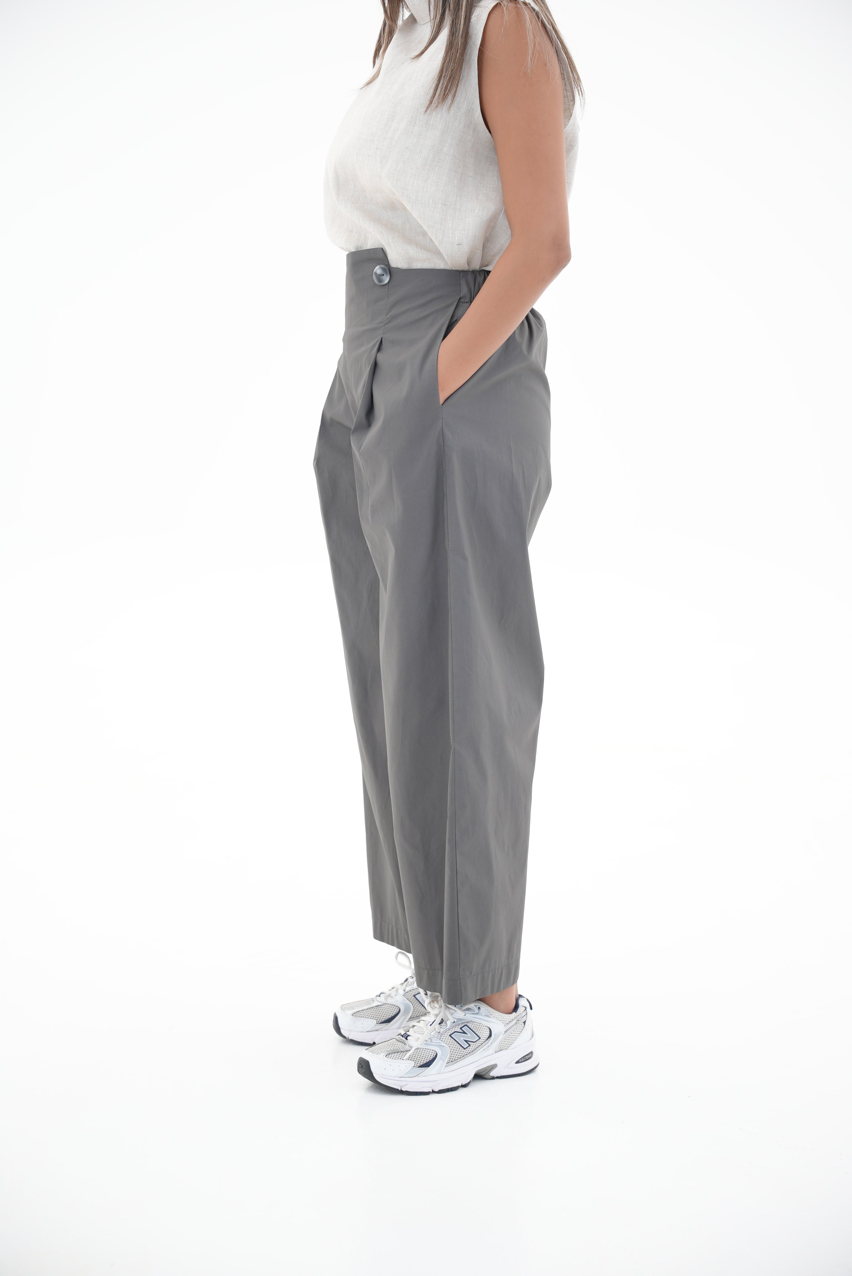 Grey Trench Coat pants & Linen blouse Set-1961