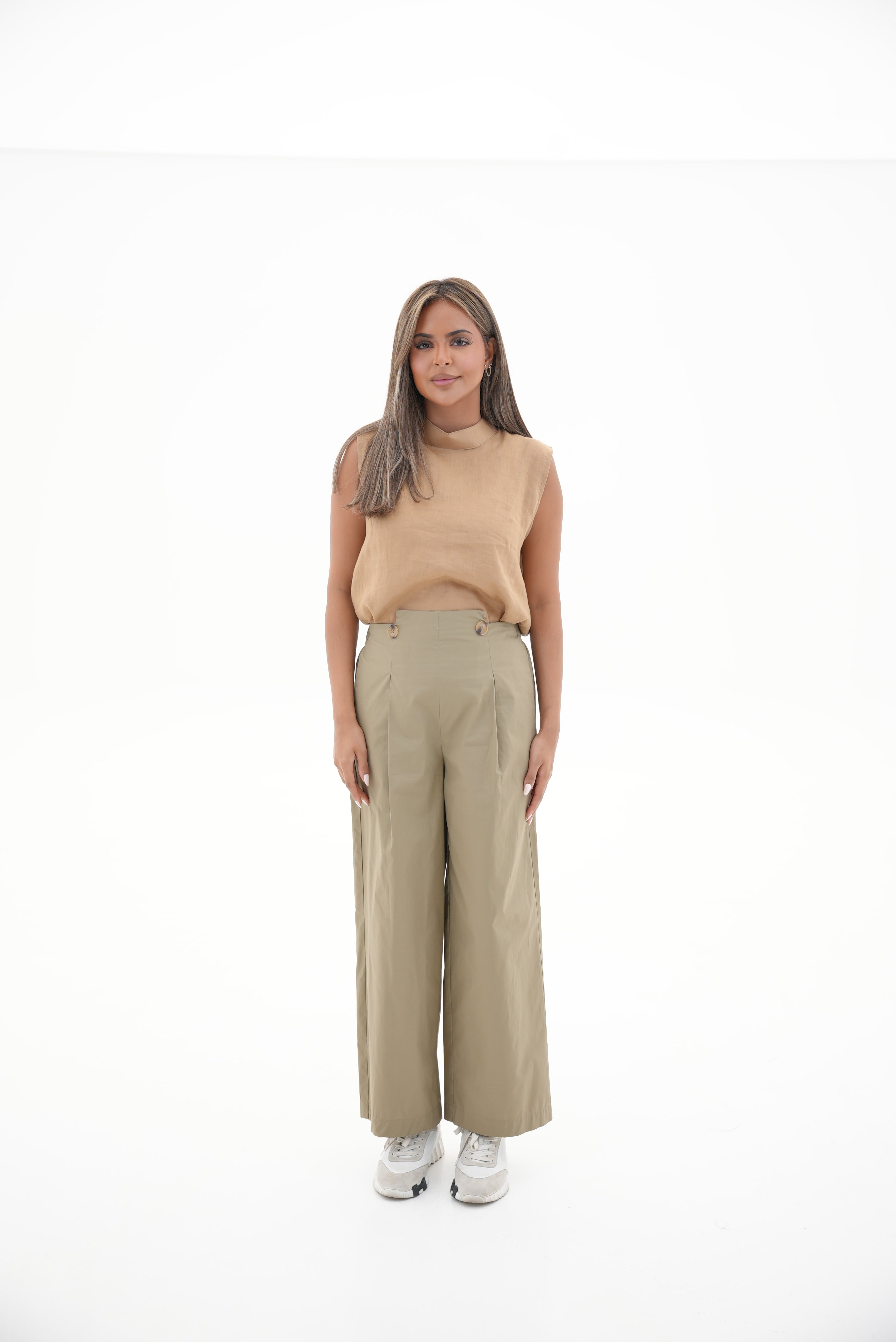 Beige Trench Coat pants & Linen blouse Set -1963