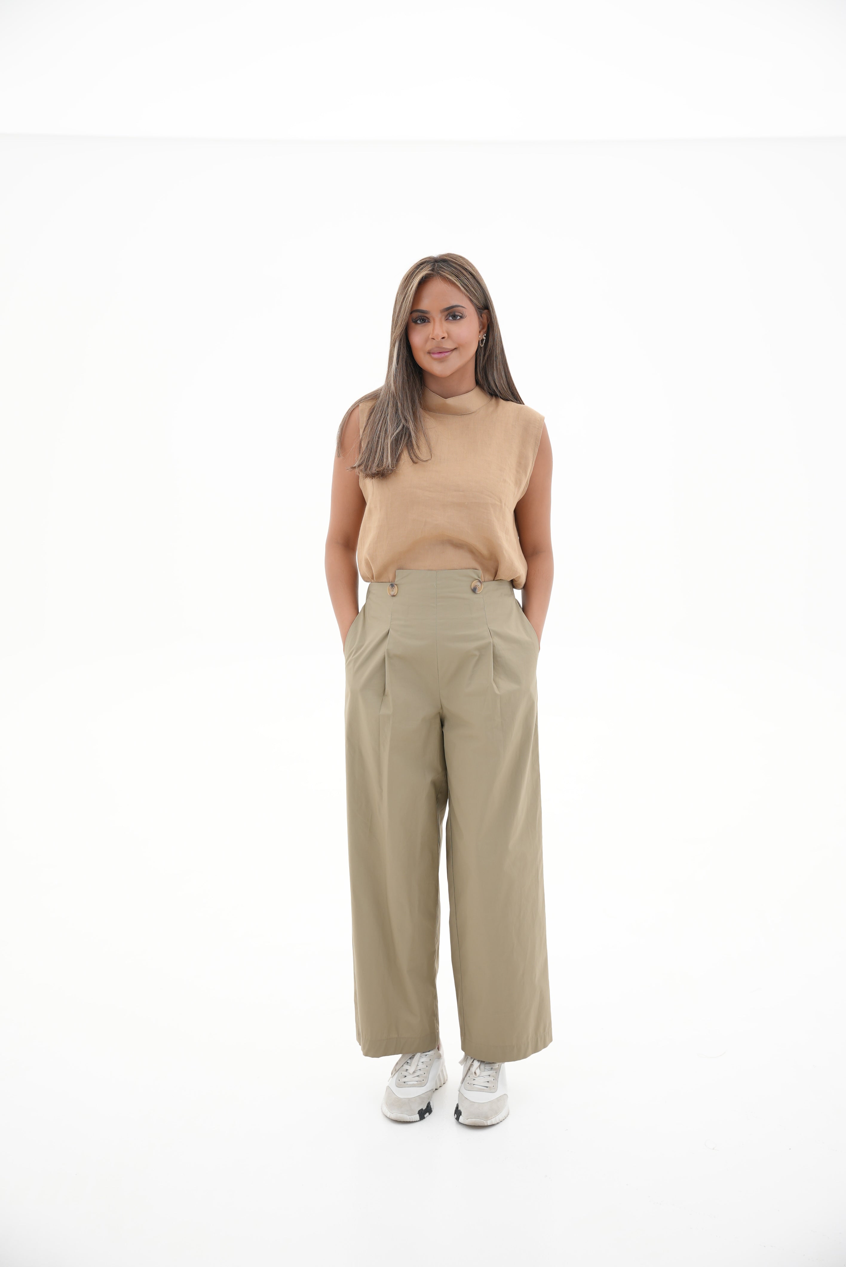 Beige Trench Coat pants & Linen blouse Set -1963
