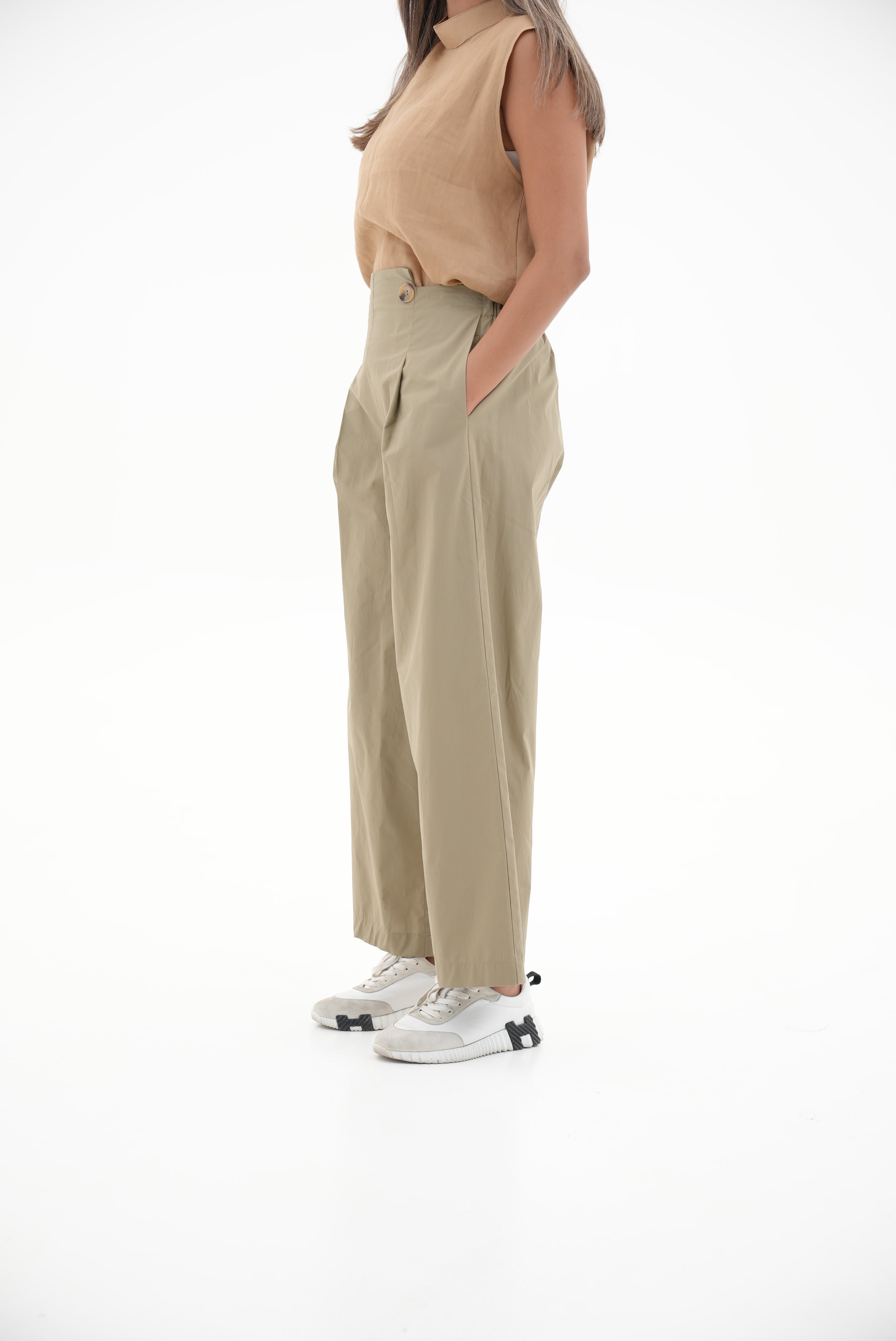 Beige Trench Coat pants & Linen blouse Set -1963