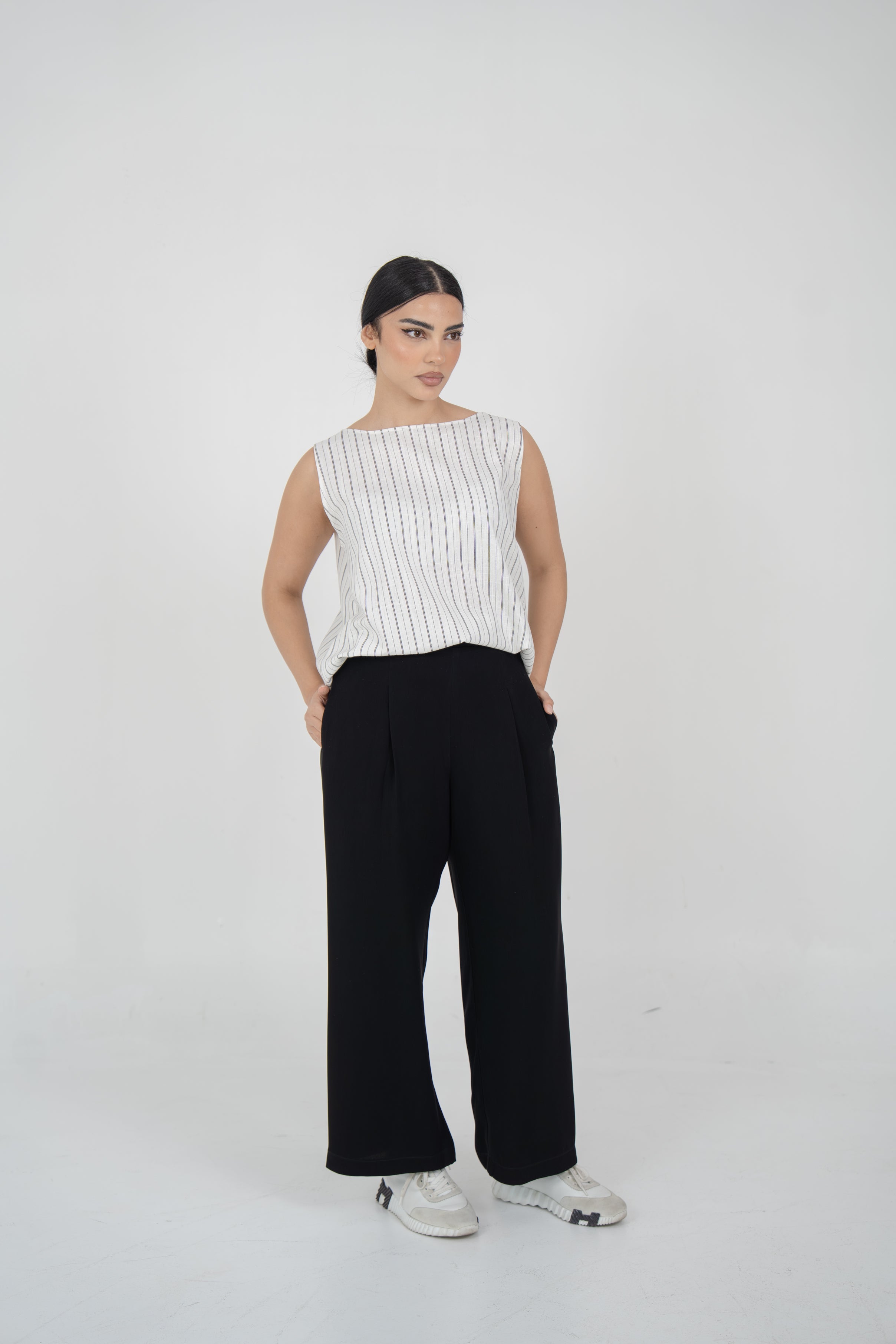 Off-White Striped Linen Blouse with Black Crepe Pants Set-1971