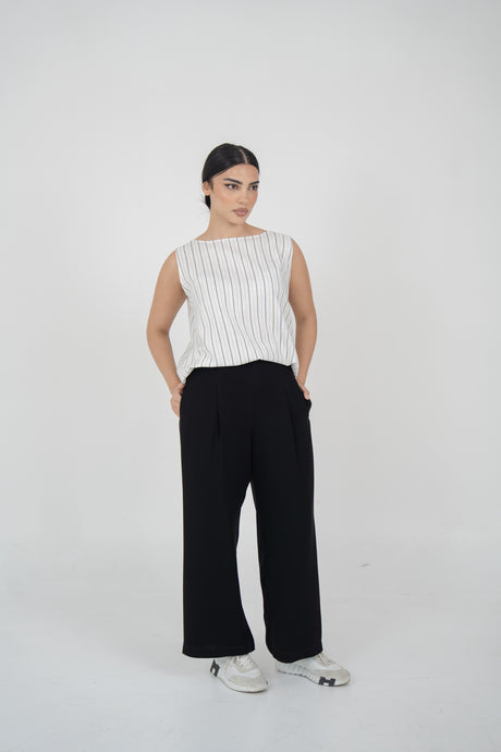 Off-White Striped Linen Blouse with Black Crepe Pants Set-1971