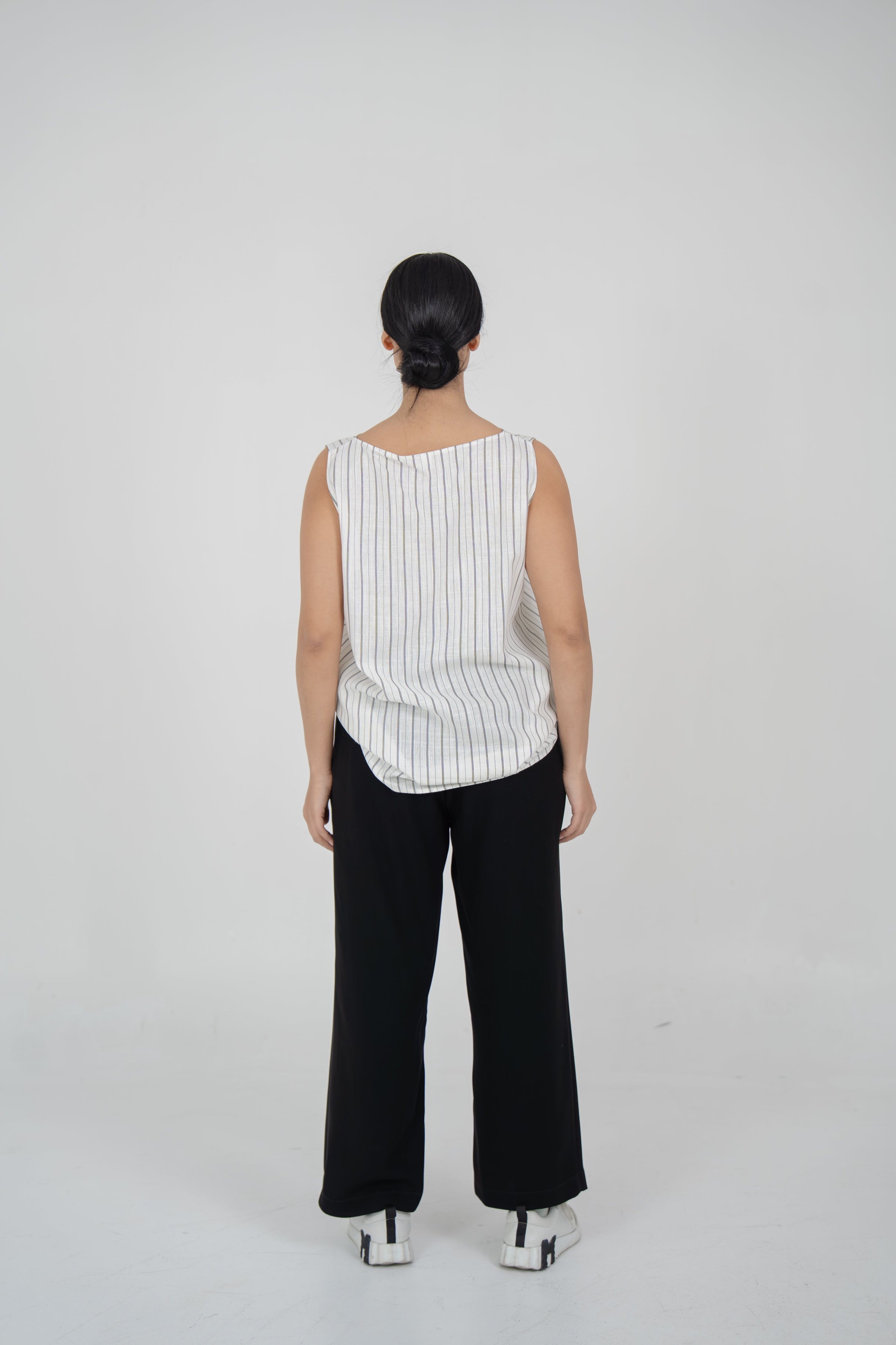 Off-White Striped Linen Blouse with Black Crepe Pants Set-1971