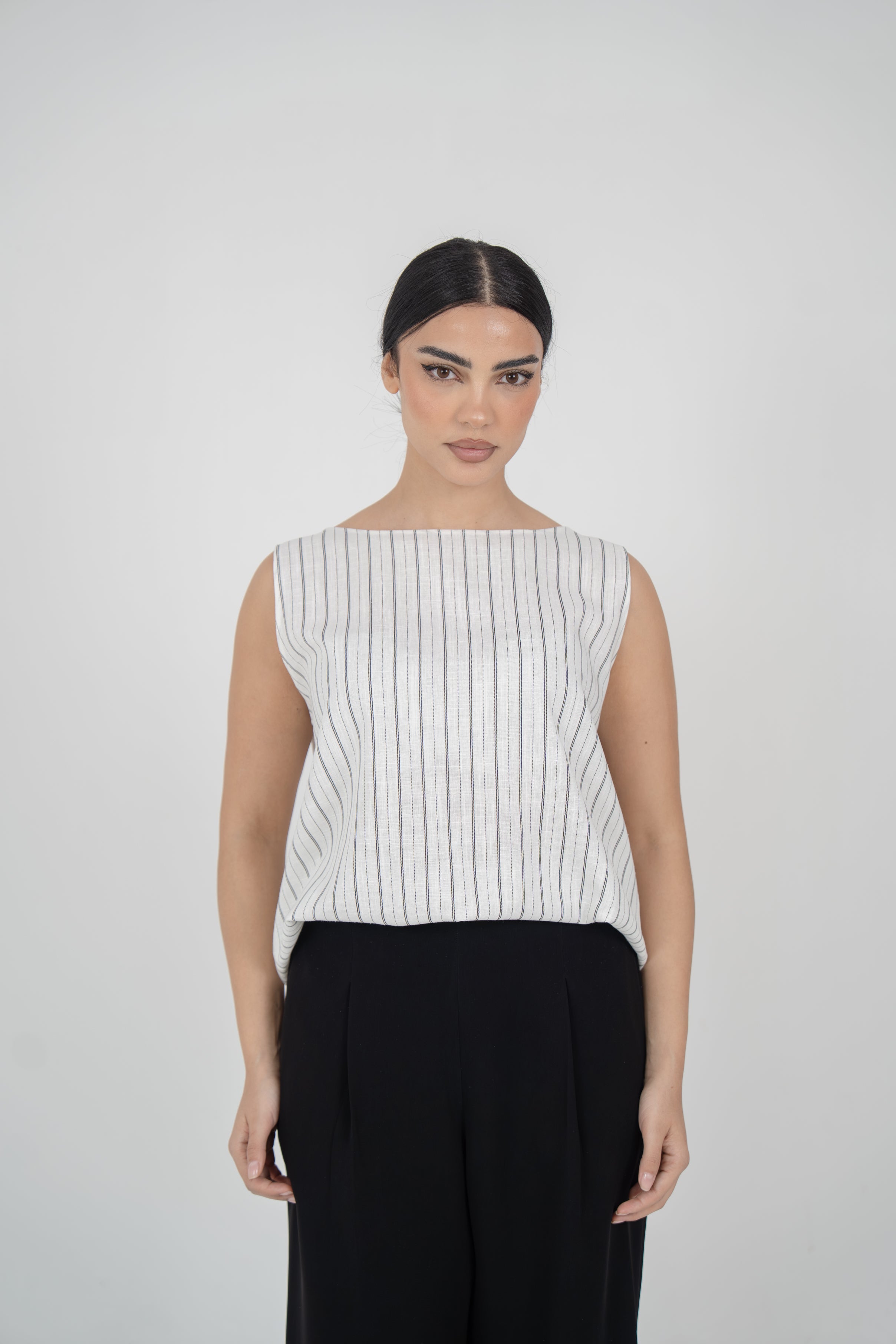 Off-White Striped Linen Blouse with Black Crepe Pants Set-1971