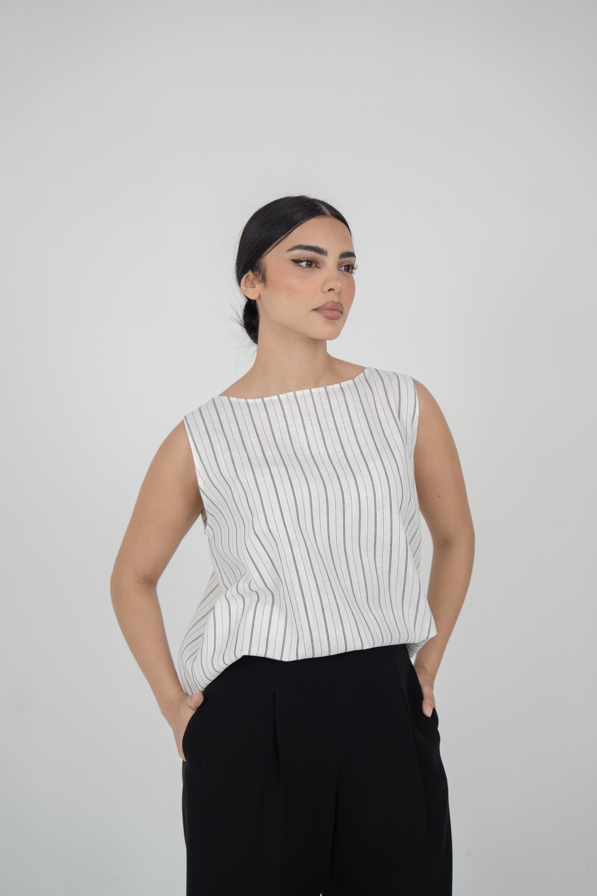 Off-White Striped Linen Blouse with Black Crepe Pants Set-1971