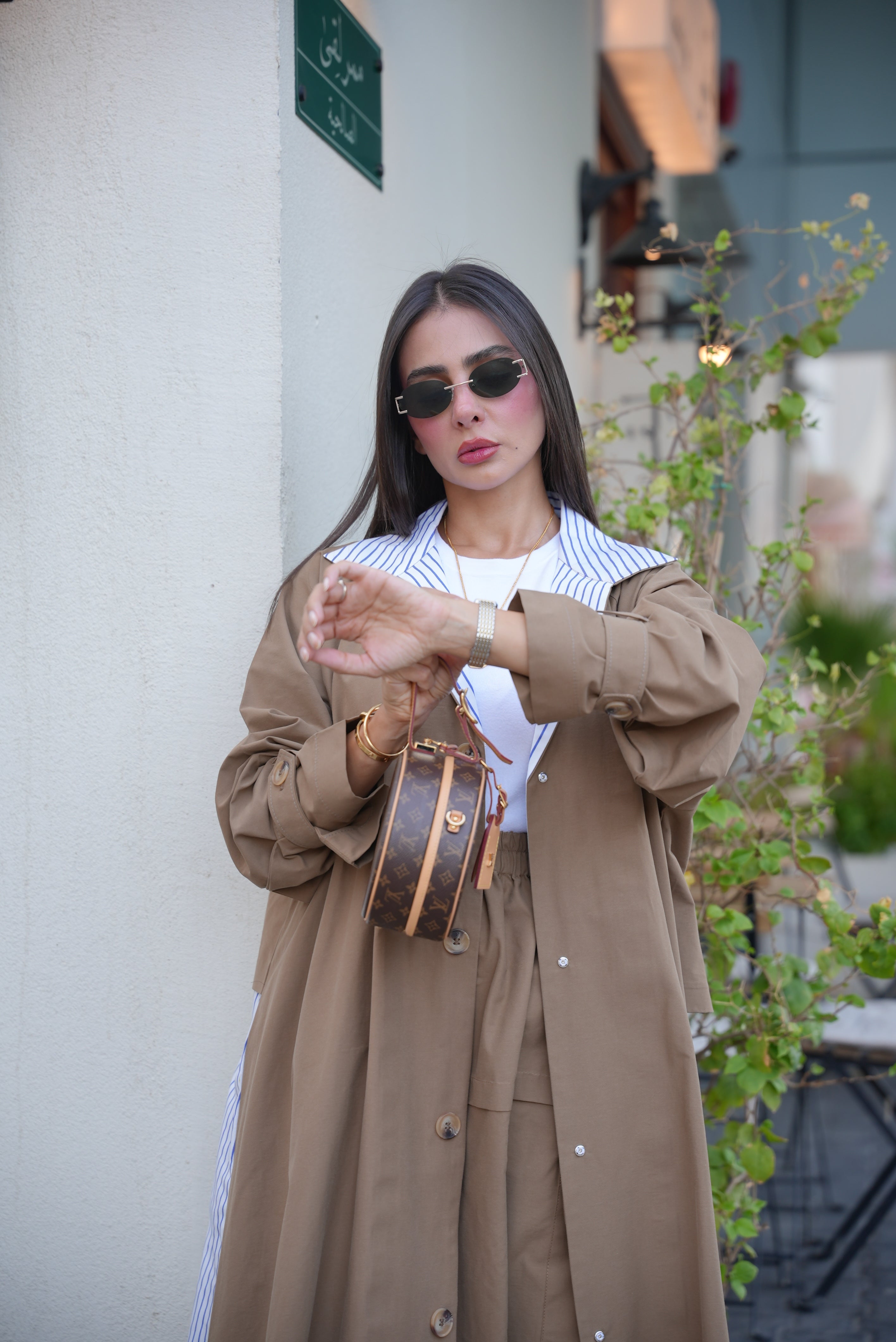 Beige Trench Coat with Striped Trim-free size