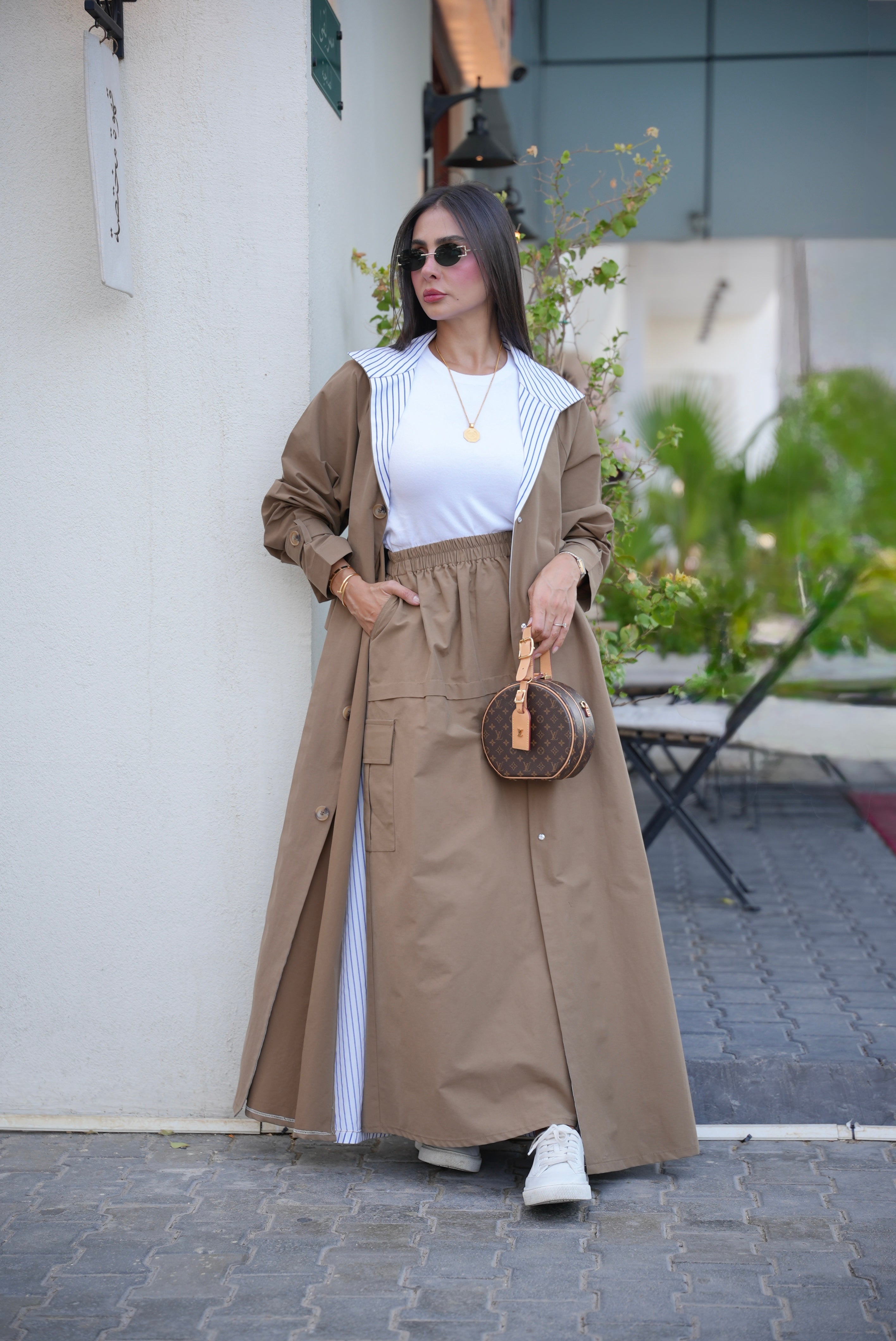 Beige Trench Coat with Striped Trim-free size
