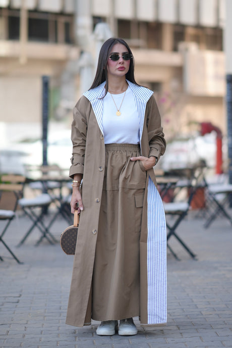 Beige Trench Coat with Striped Trim-free size