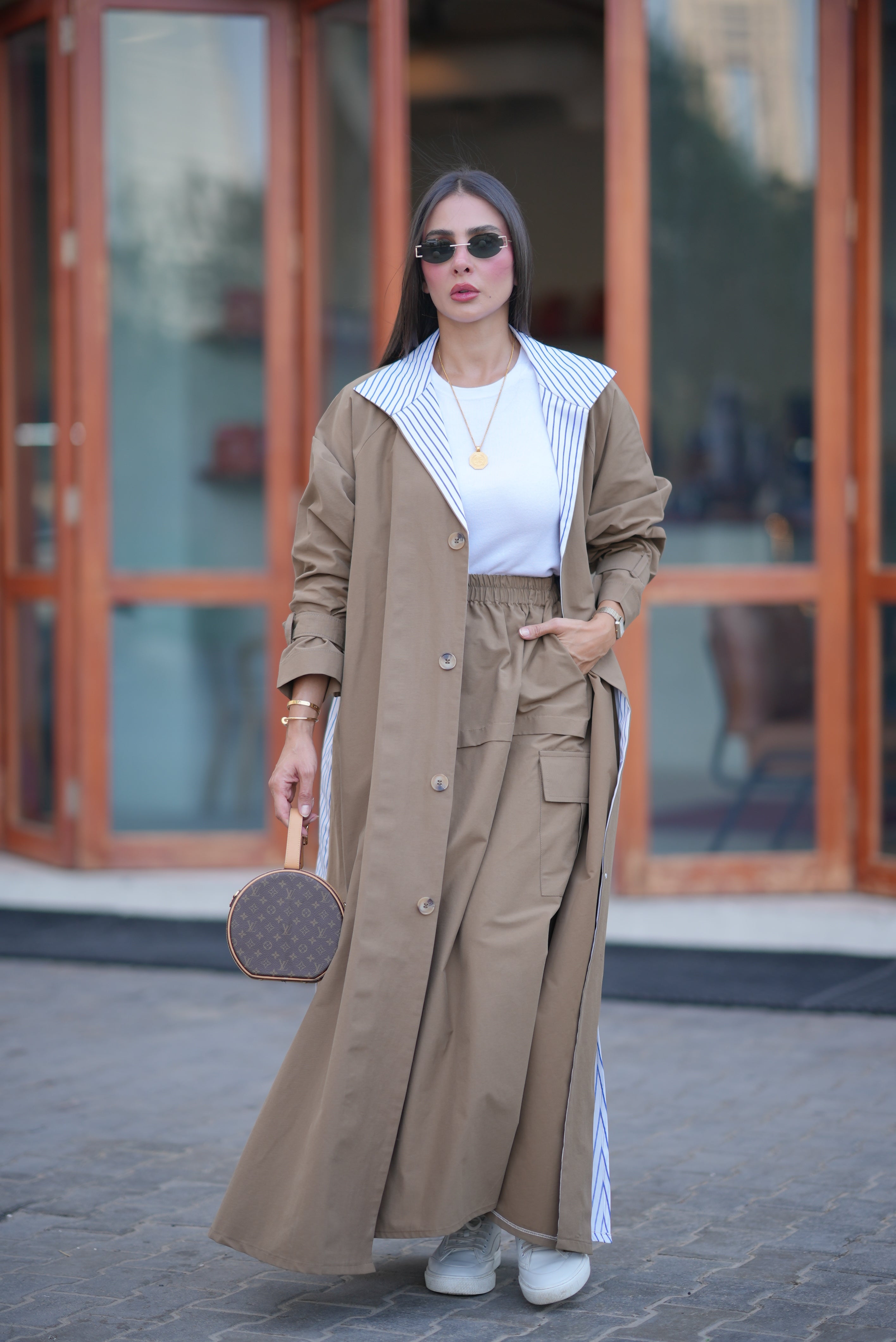 Beige Trench Coat with Striped Trim-free size