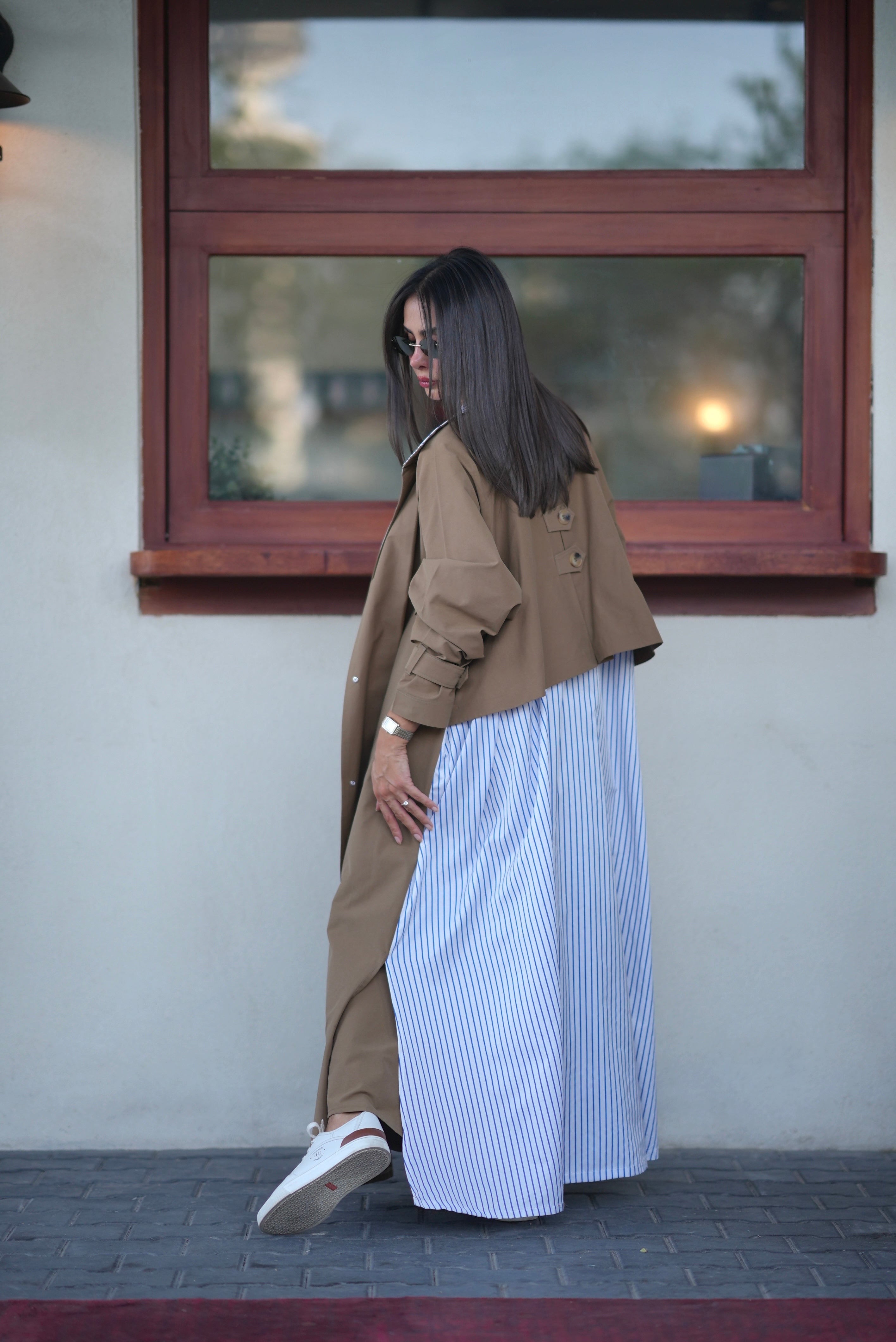 Beige Trench Coat with Striped Trim-free size