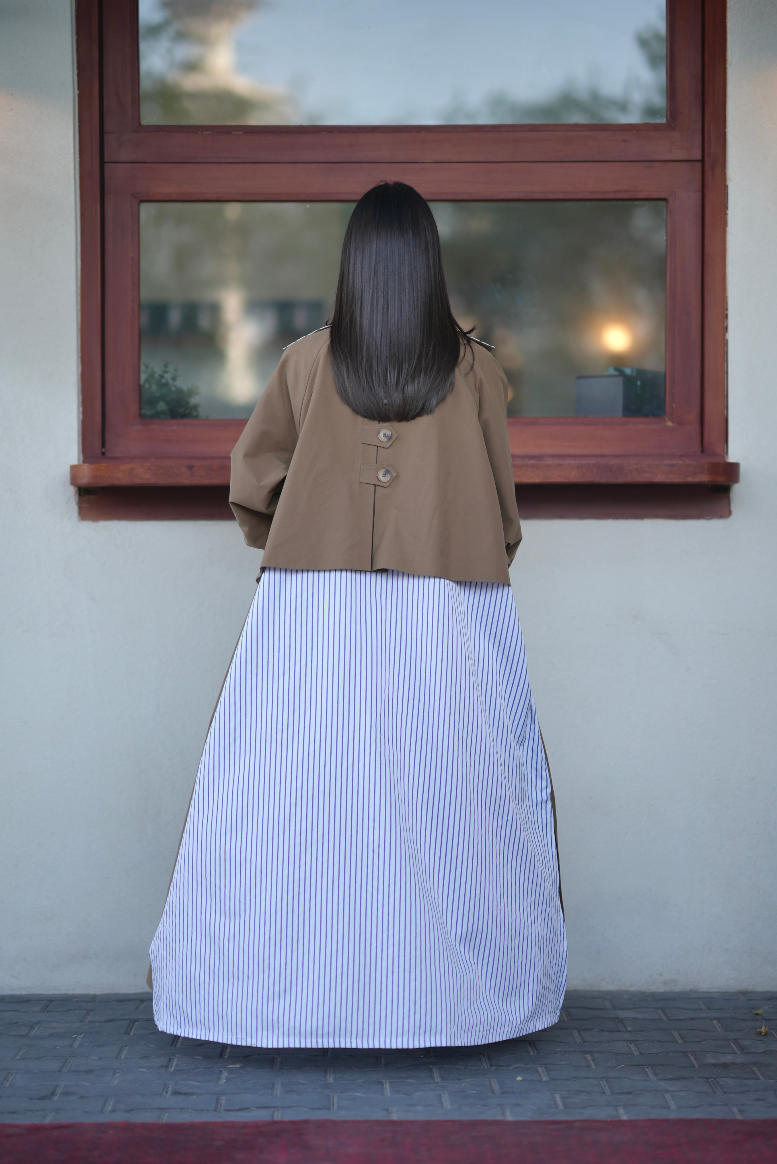Beige Trench Coat with Striped Trim-free size