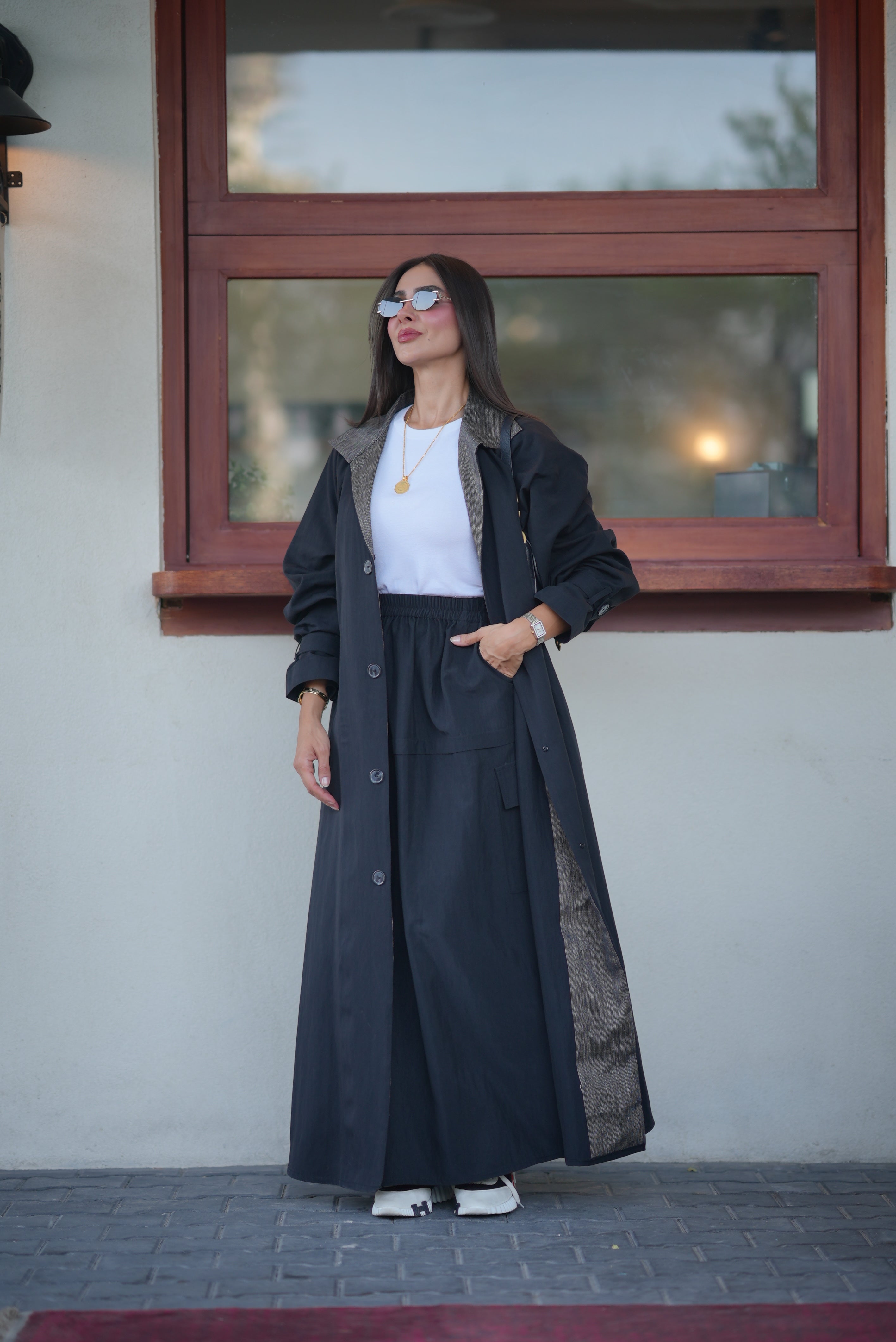 Black Trench Coat – Free Size with Contrast Trim
