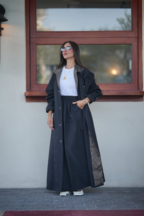 Black Trench Coat – Free Size with Contrast Trim