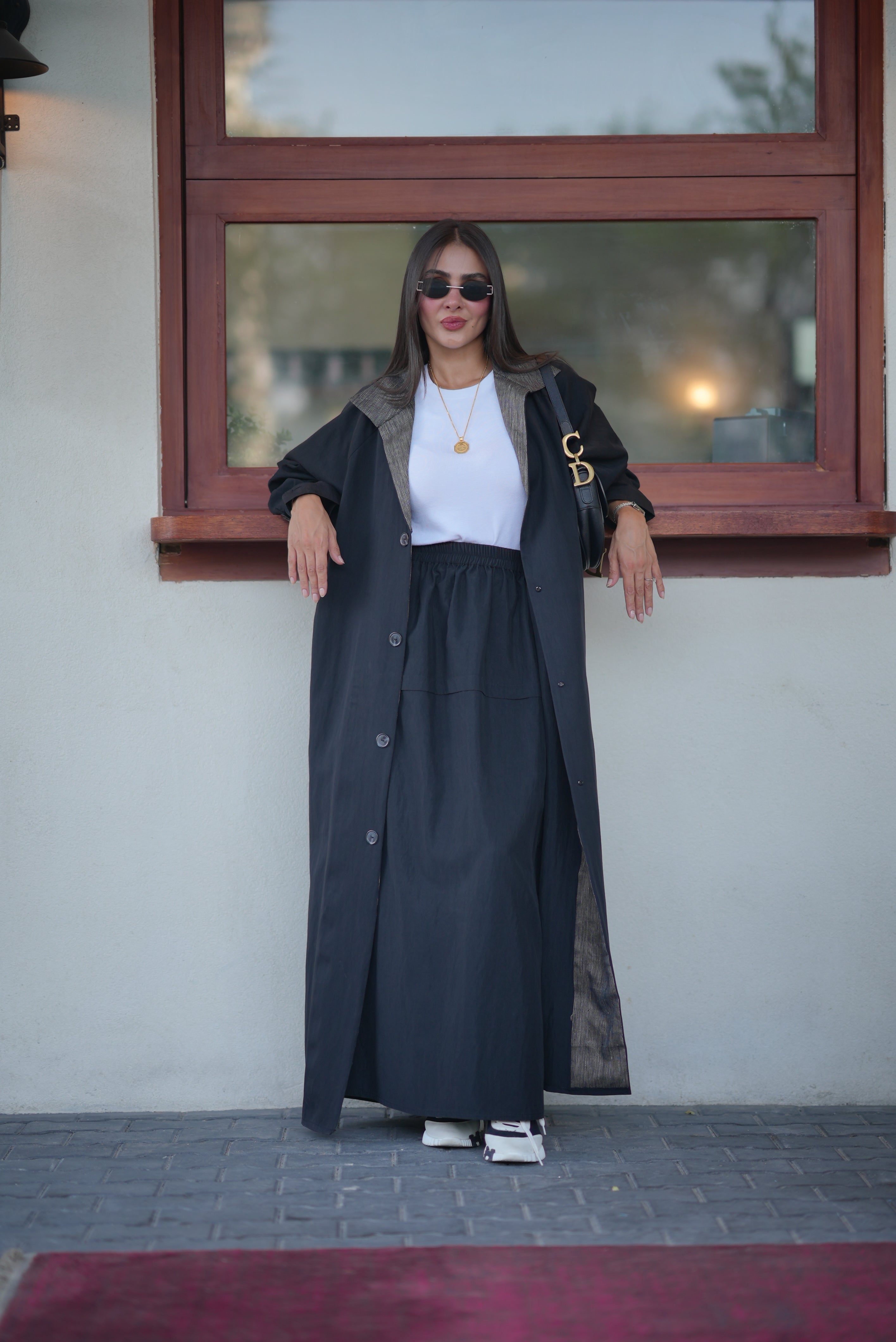 Black Trench Coat – Free Size with Contrast Trim