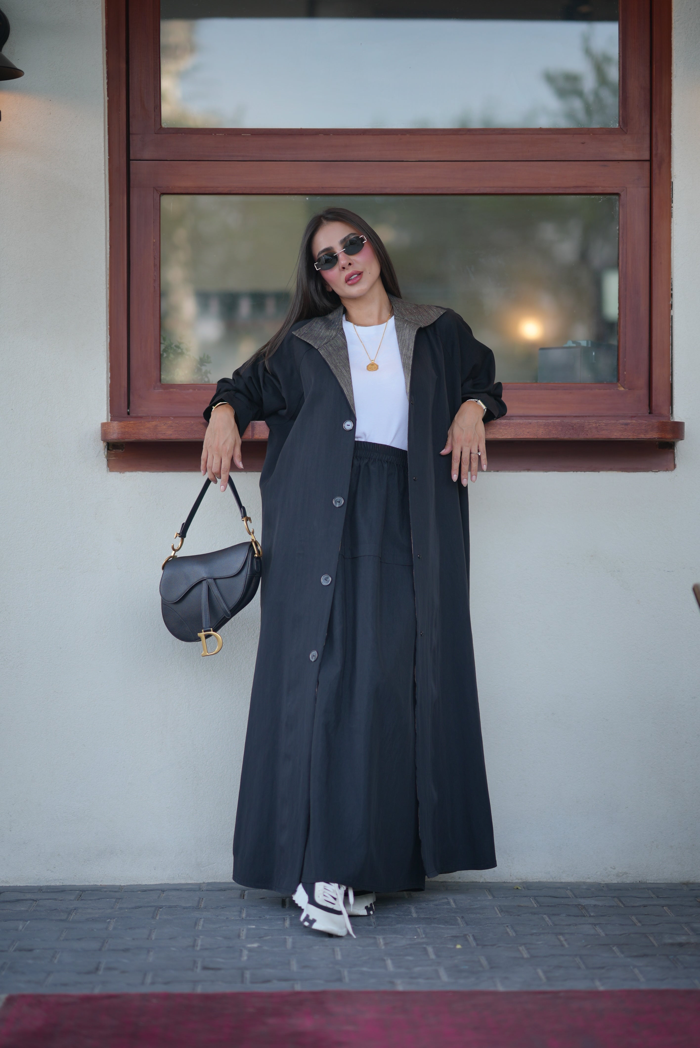 Black Trench Coat – Free Size with Contrast Trim