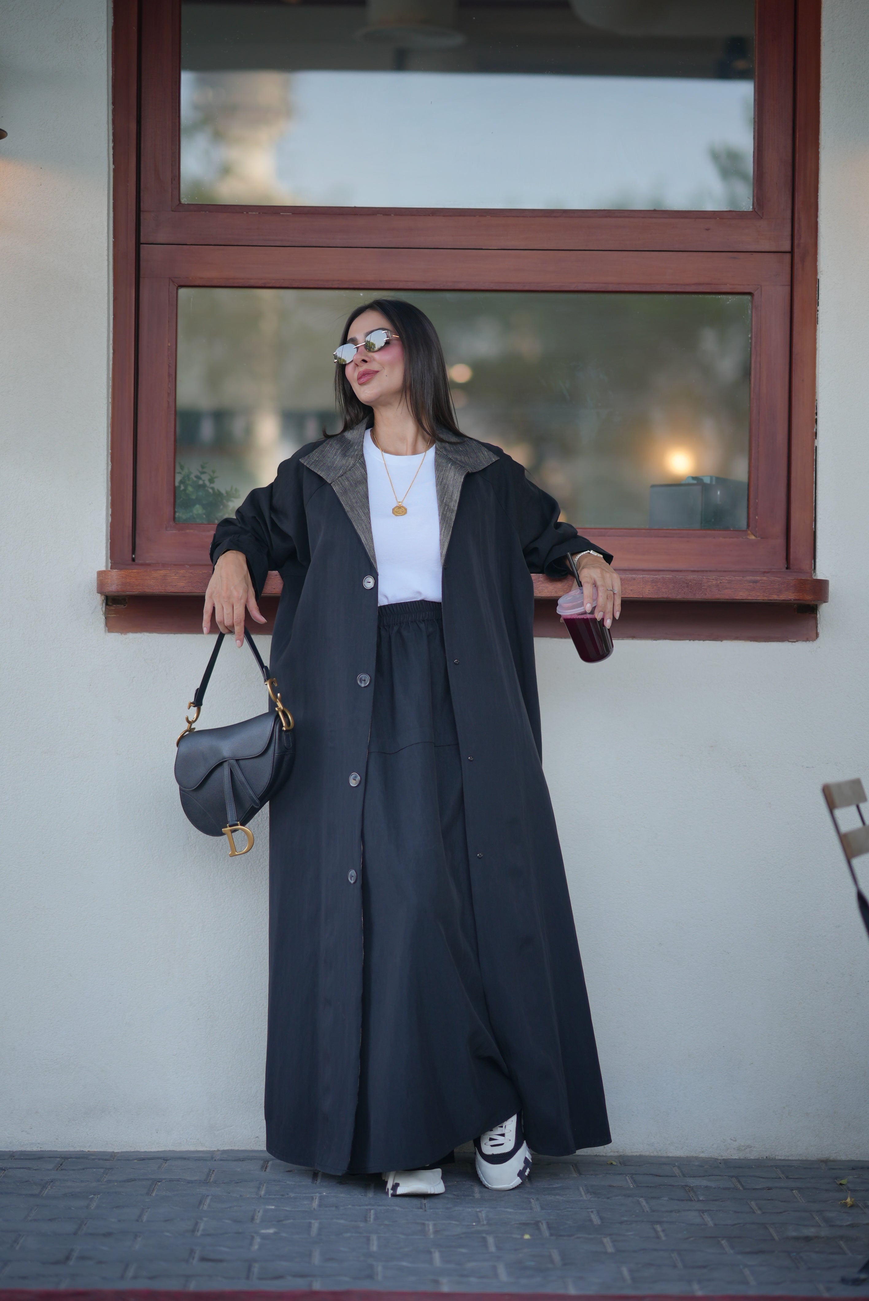 Black Trench Coat – Free Size with Contrast Trim