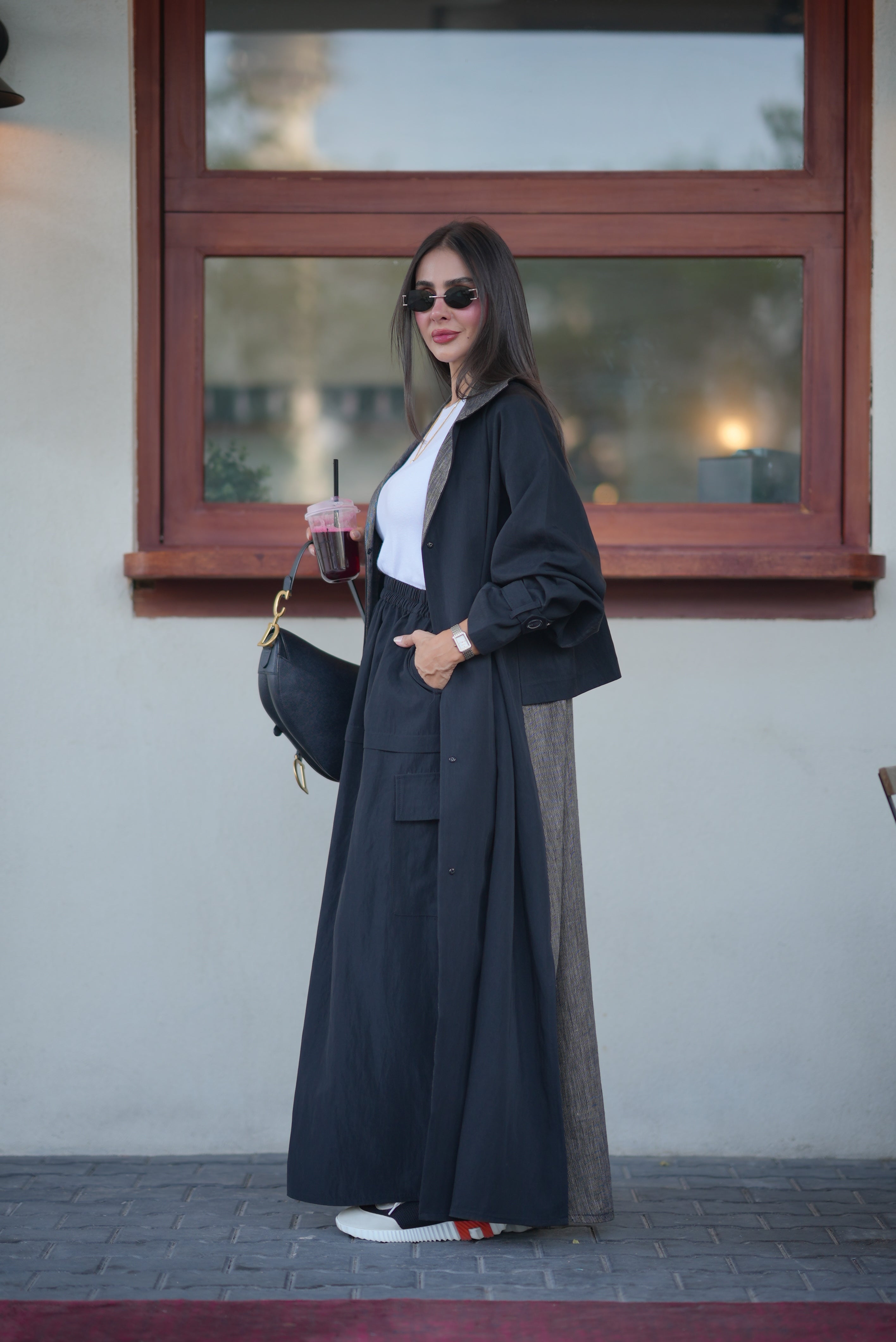 Black Trench Coat – Free Size with Contrast Trim