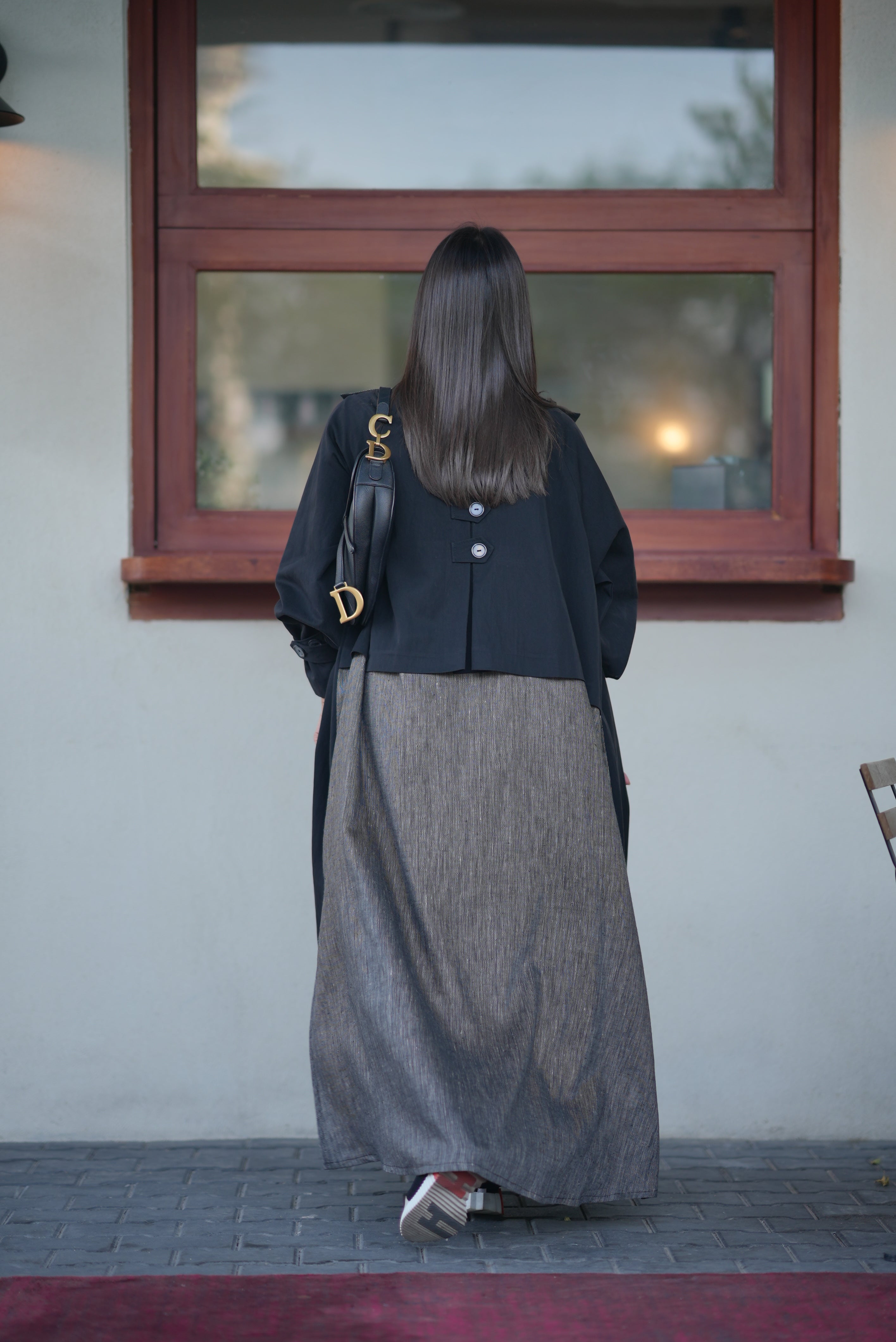 Black Trench Coat – Free Size with Contrast Trim